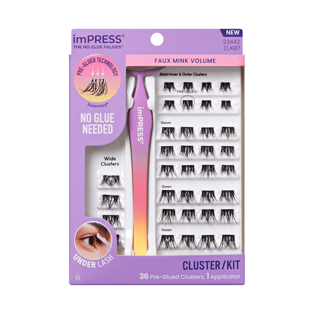 Impress Falsies Pre-Glued False Eyelashes Starter Kit - Faux Mink Volume | 36 Lash Clusters, With Applicator, 8mm-14mm
