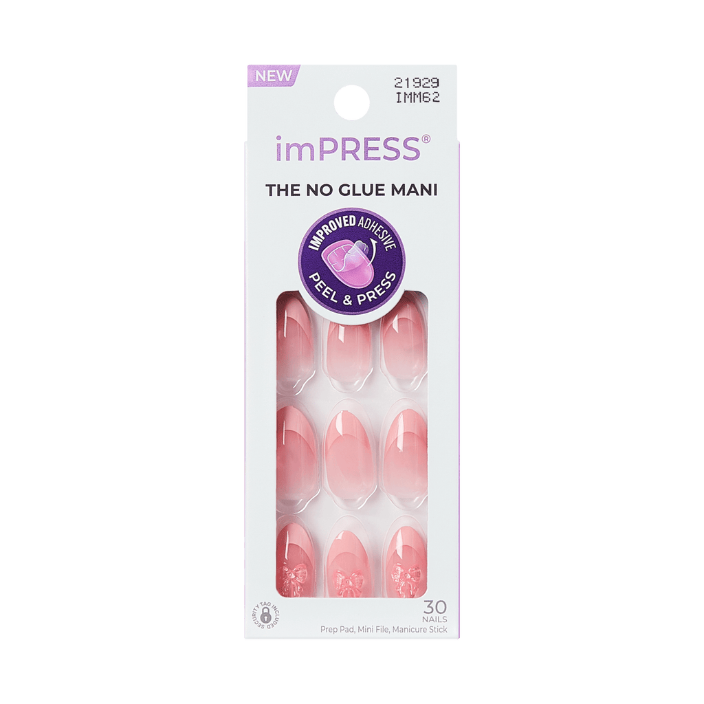 Impress Design No Glue Fake Press On Nails - Glow Muse | 3D & Jewel French Design, Pink, Medium, Coffin, Manicure