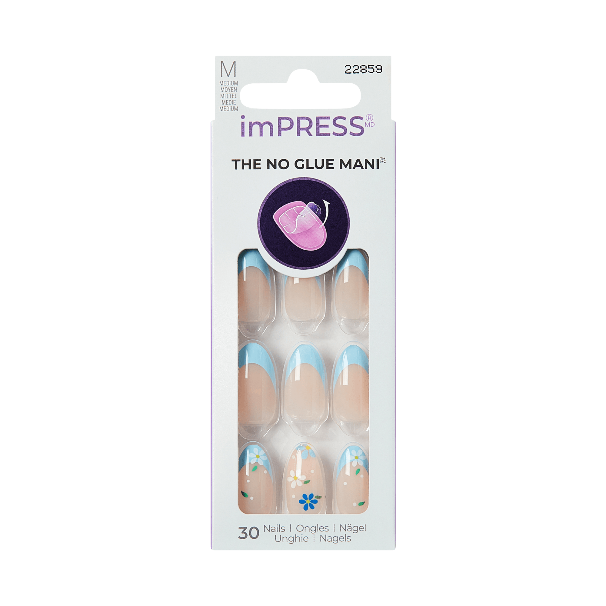 Impress Design No Glue Fake Press On Nails - Golden Nest | French Design, Blue, Medium, Almond, Manicure