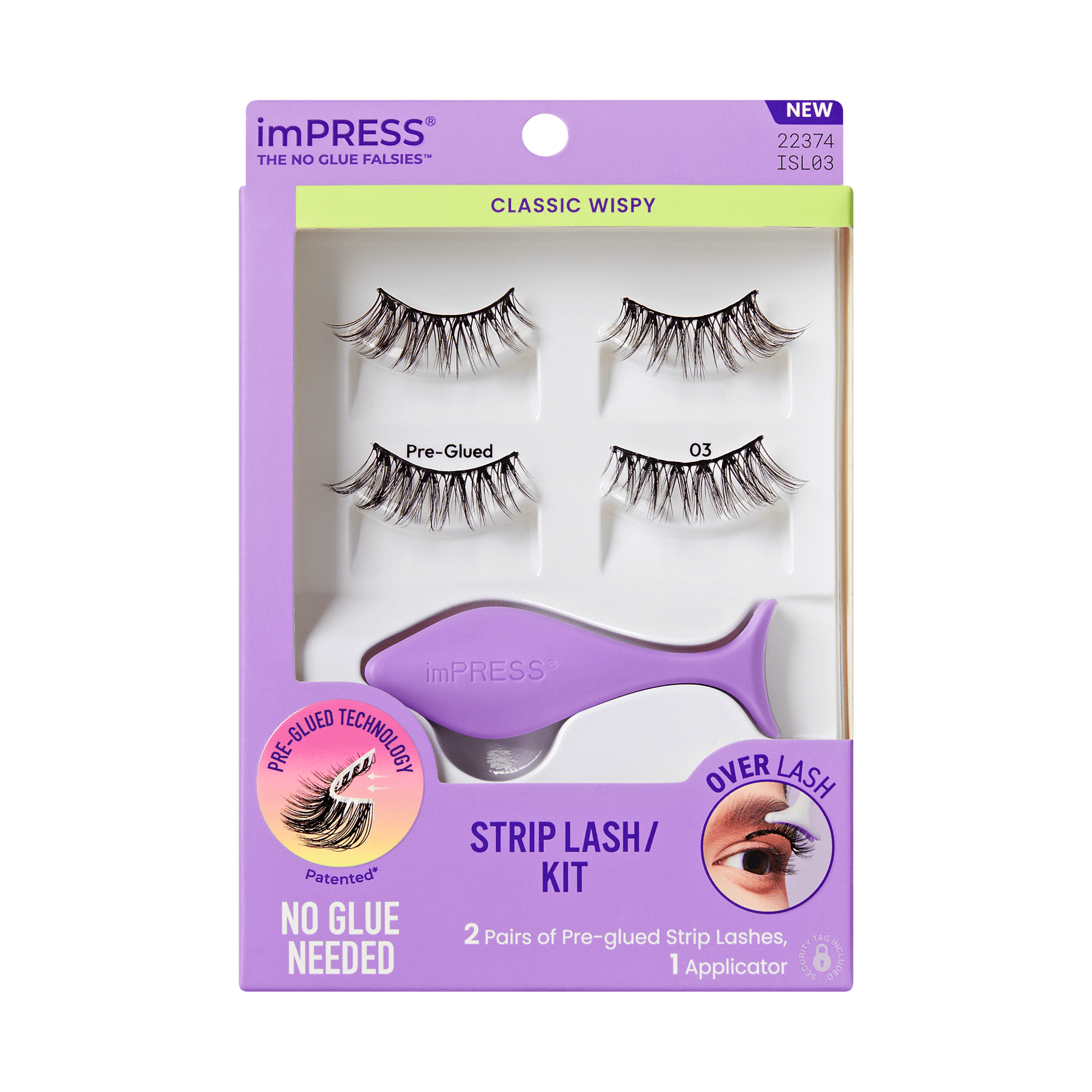 Impress Falsies Pre-Glued Strip False Eyelashes Starter Kit - Classic Wispy | 2 Pairs, With Applicator, 16mm