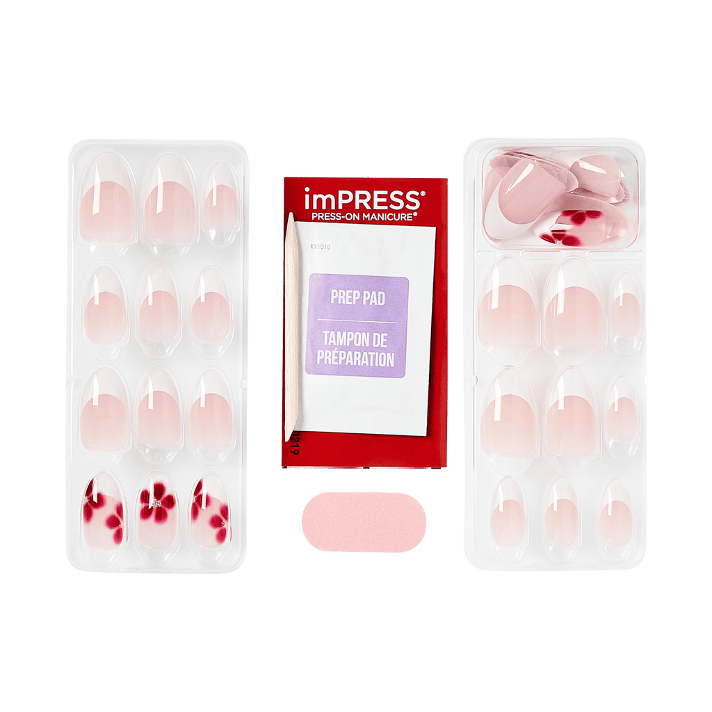 Impress Design No Glue Fake Press On Nails - Hampton | French Design, White & Red, Medium, Almond, Manicure