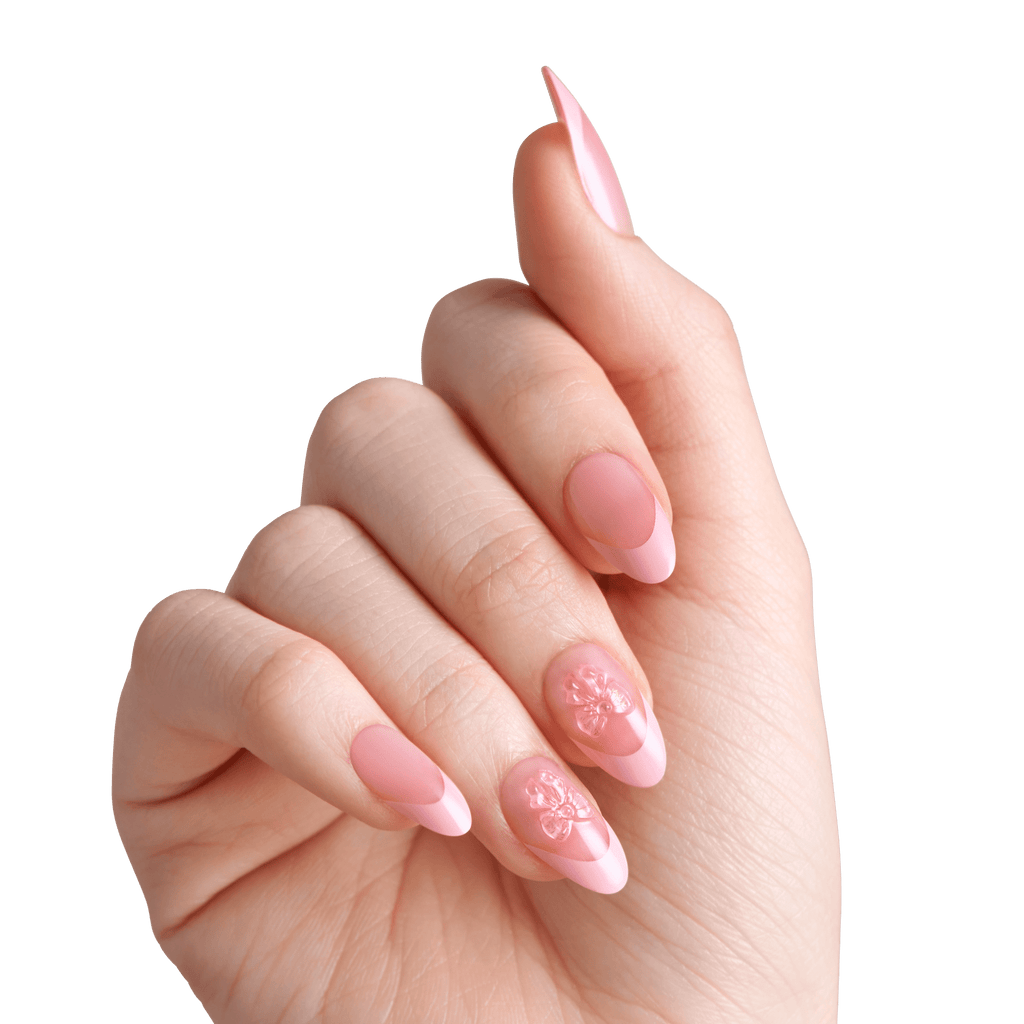 Impress Design No Glue Fake Press On Nails - Glow Muse | 3D & Jewel French Design, Pink, Medium, Coffin, Manicure
