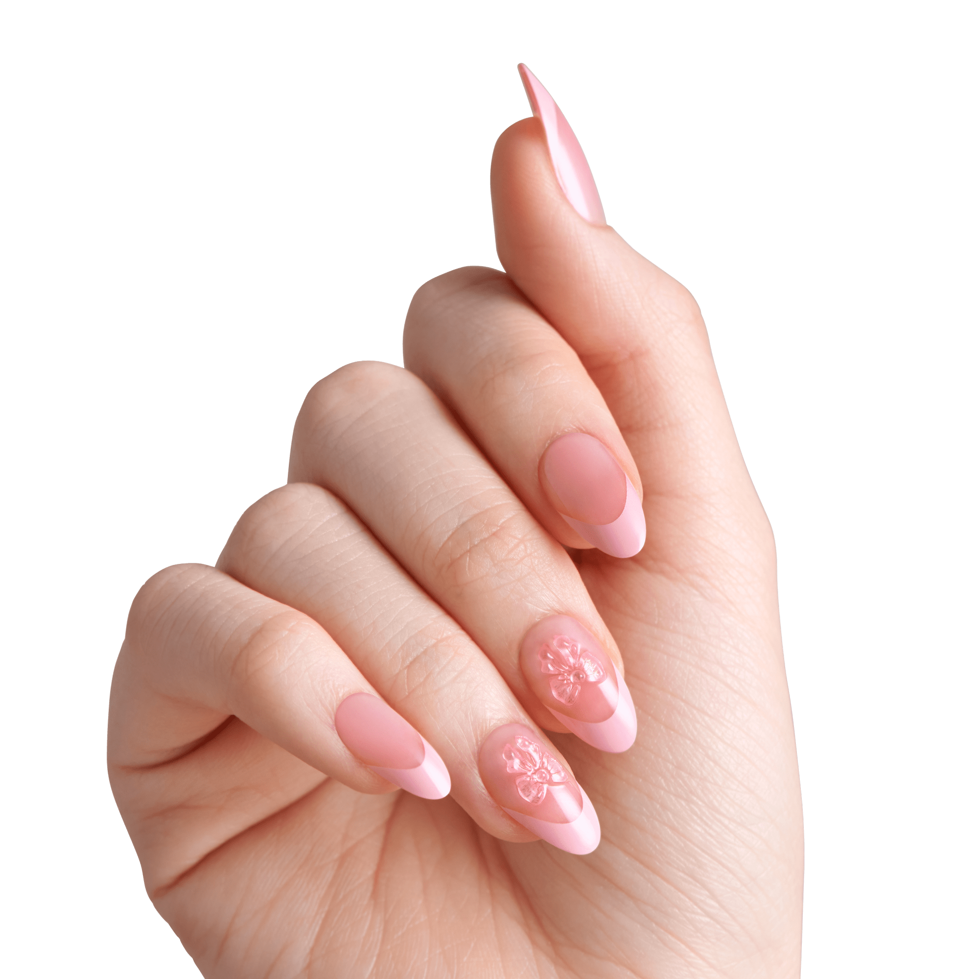 Impress Design No Glue Fake Press On Nails - Glow Muse | 3D & Jewel French Design, Pink, Medium, Coffin, Manicure