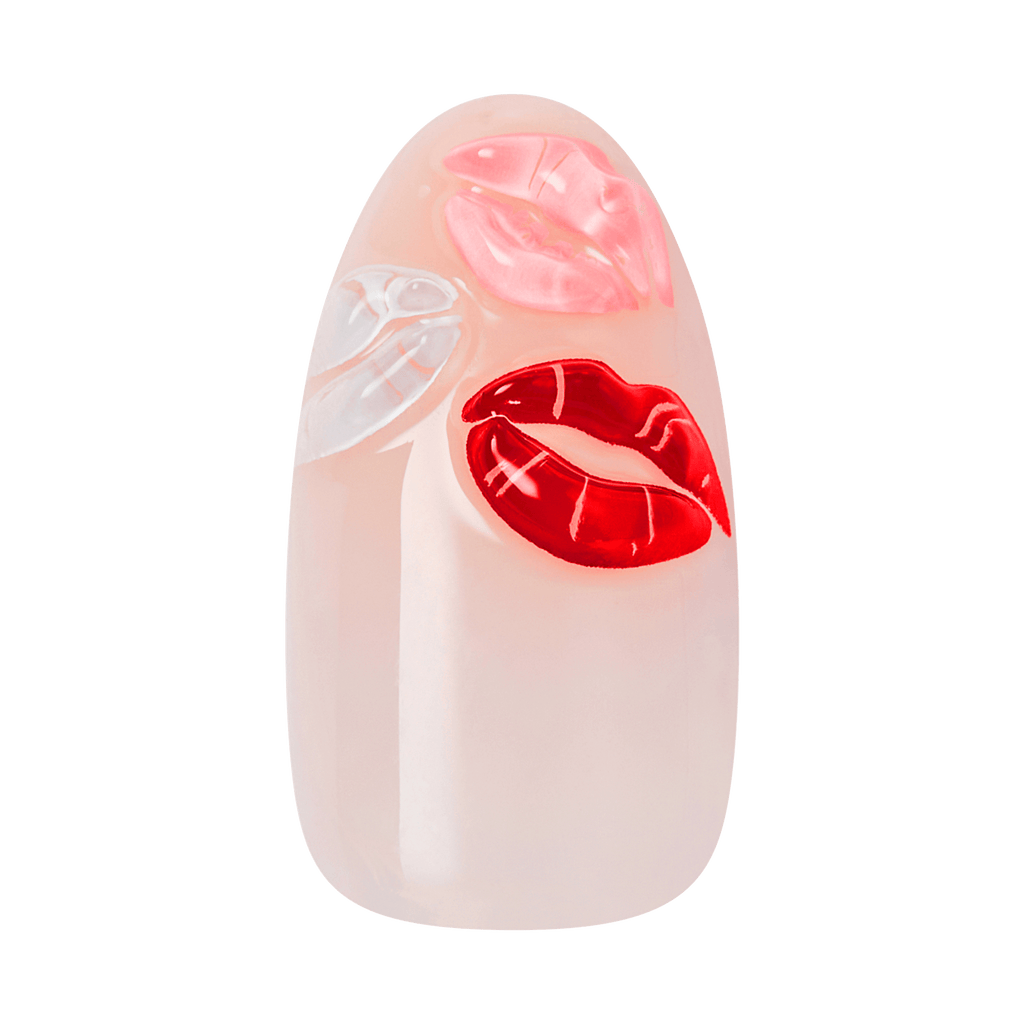 Impress Design No Glue Fake Press On Nails - Lover | 3D & Jewel French Design, Red, Medium, Almond, Manicure