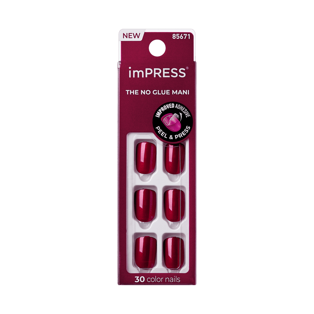 Impress Color No Glue Fake Press On Nails - Red Velvet | Solid, Red, Short, Squoval, Manicure