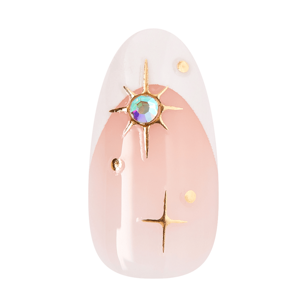 Impress Design No Glue Fake Press On Nails - Star Player | 3D & Jewel French, White, Medium, Almond, Manicure