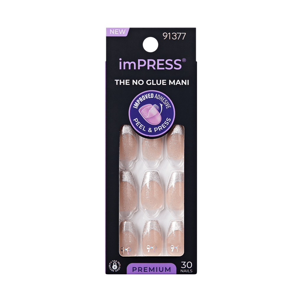 Impress Premium No Glue Fake Press On Nails - Memory Lane | French Design, Metallic Silver, Medium, Coffin, Manicure