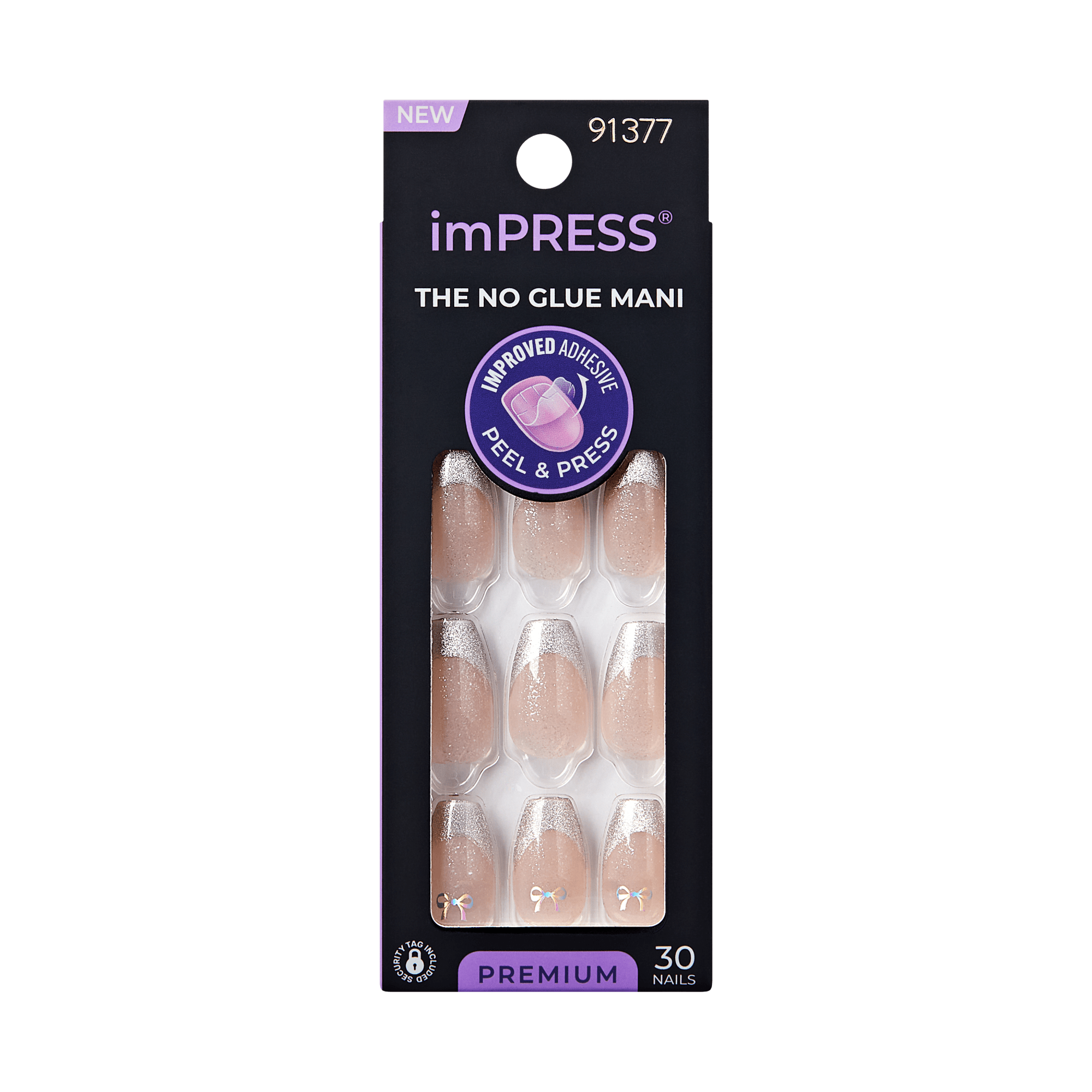 Impress Premium No Glue Fake Press On Nails - Memory Lane | French Design, Metallic Silver, Medium, Coffin, Manicure