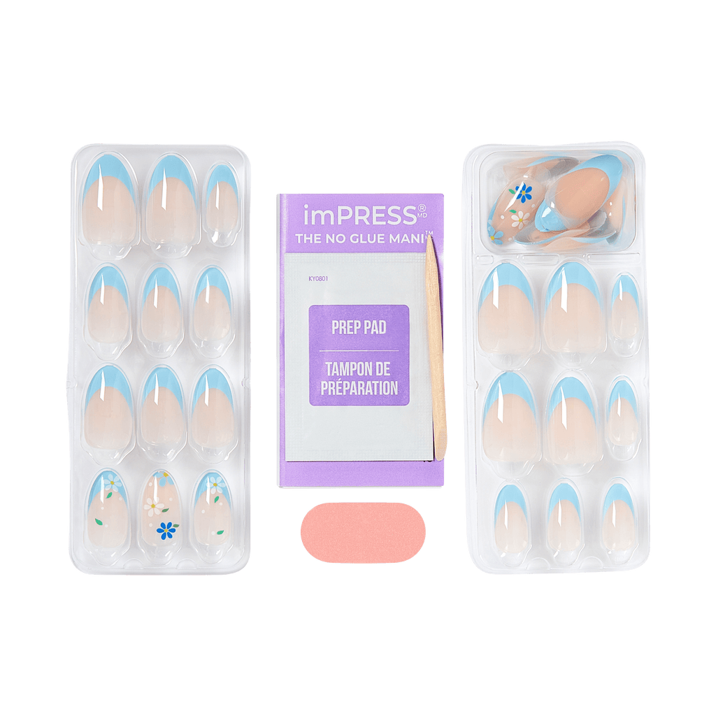 Impress Design No Glue Fake Press On Nails - Golden Nest | French Design, Blue, Medium, Almond, Manicure