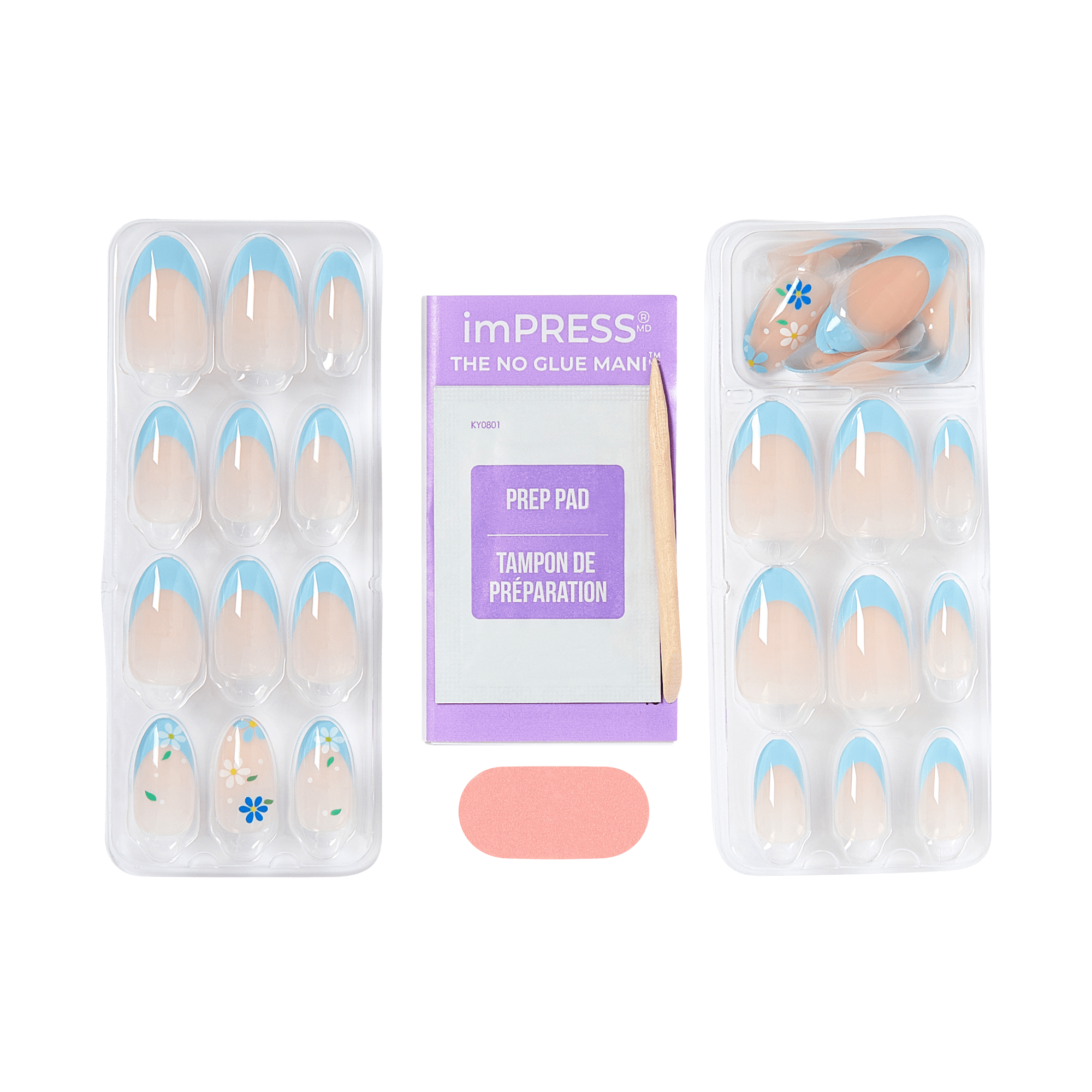 Impress Design No Glue Fake Press On Nails - Golden Nest | French Design, Blue, Medium, Almond, Manicure