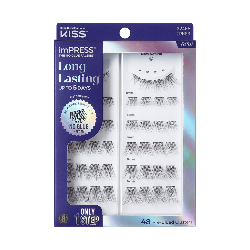 Impress Falsies Long Lasting Pre-Glued False Eyelashes - Demi Natural | 48 Lash Clusters, Up To 5 Day Wear, 8mm-16mm
