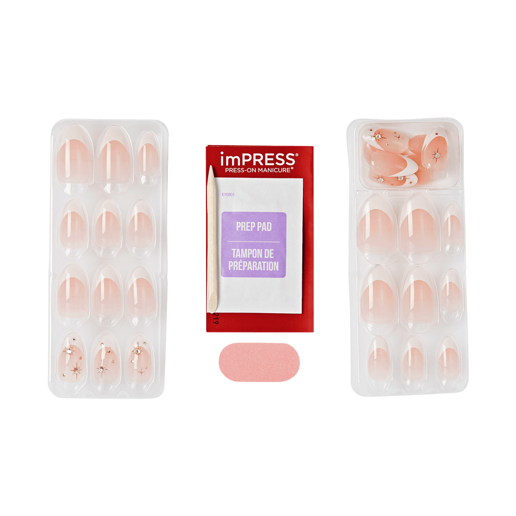 Impress Design No Glue Fake Press On Nails - Star Player | 3D & Jewel French, White, Medium, Almond, Manicure