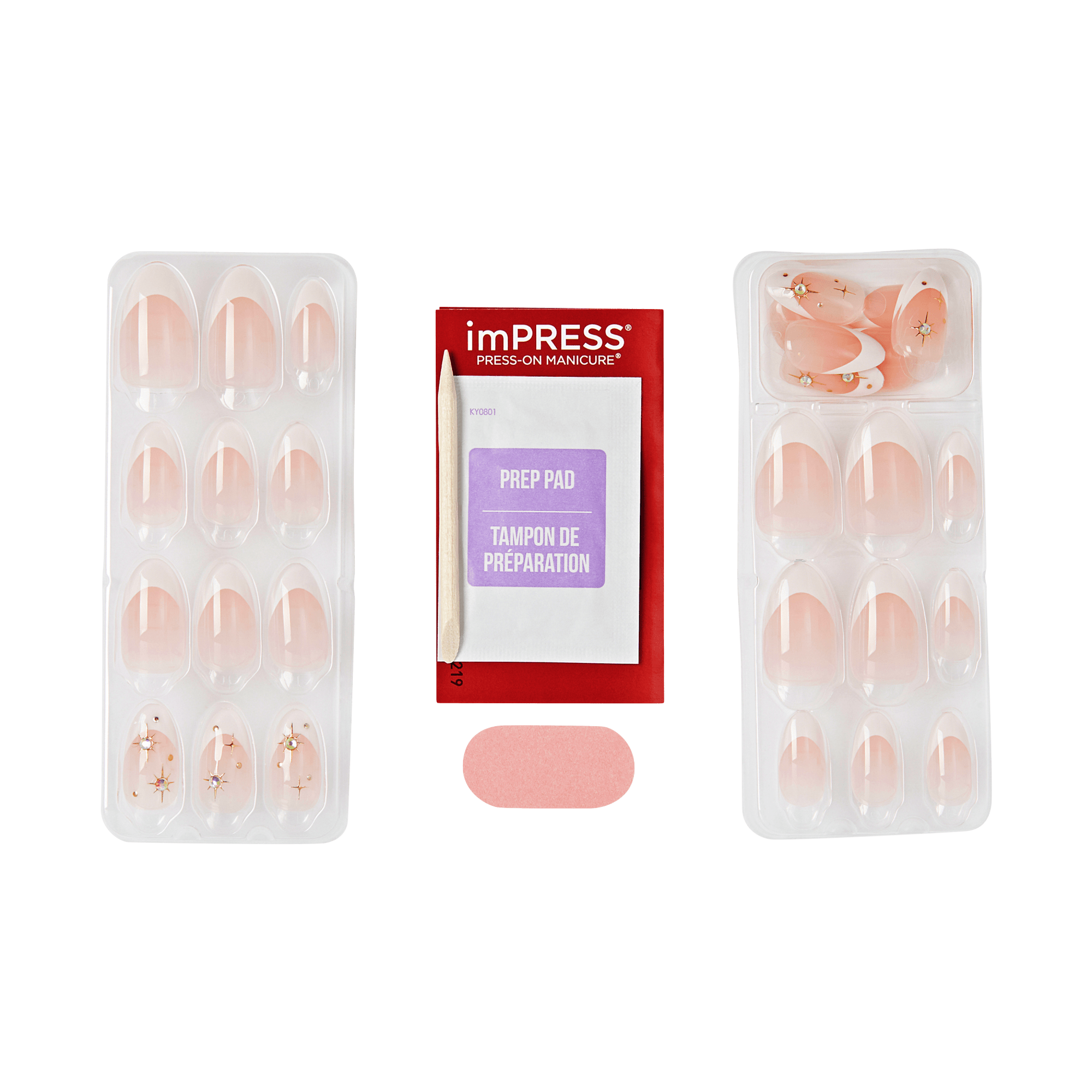 Impress Design No Glue Fake Press On Nails - Star Player | 3D & Jewel French, White, Medium, Almond, Manicure