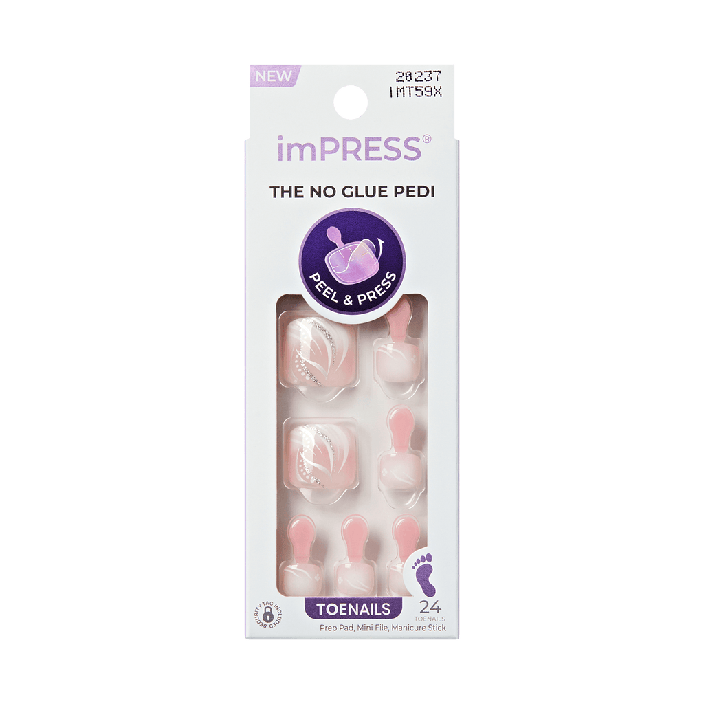 Impress Design No Glue Fake Press On Toenails - Is This Love | Design, Pink & White, Short, Squoval, Pedicure