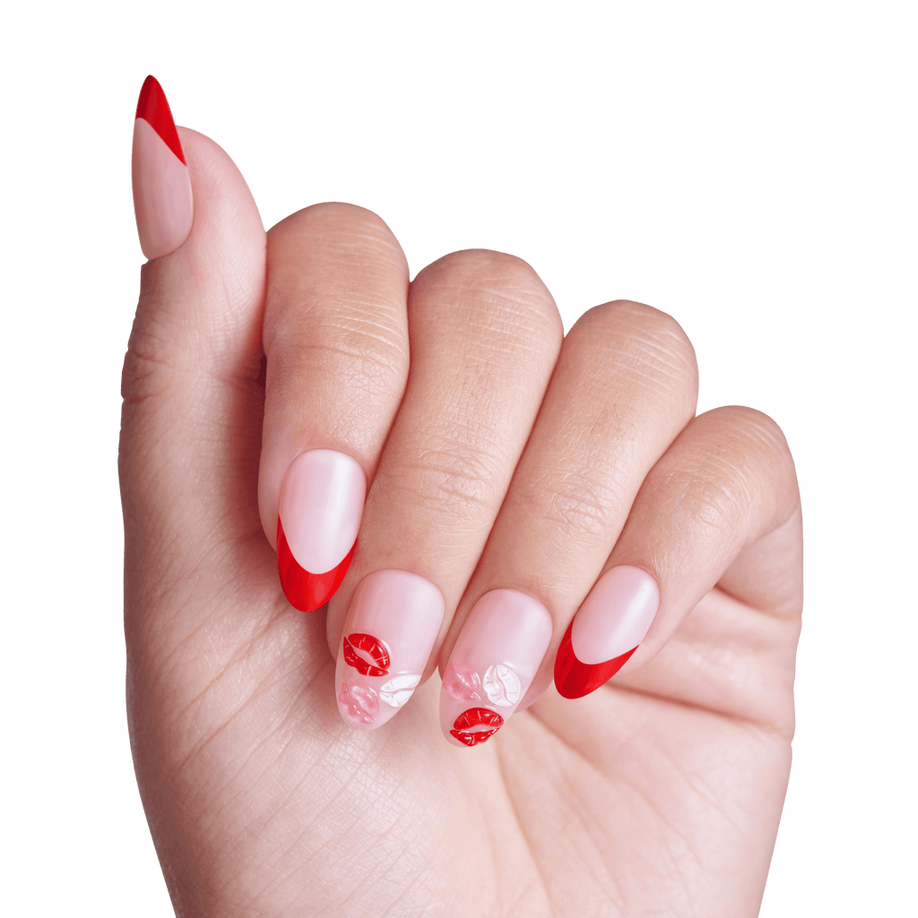 Impress Design No Glue Fake Press On Nails - Lover | 3D & Jewel French Design, Red, Medium, Almond, Manicure
