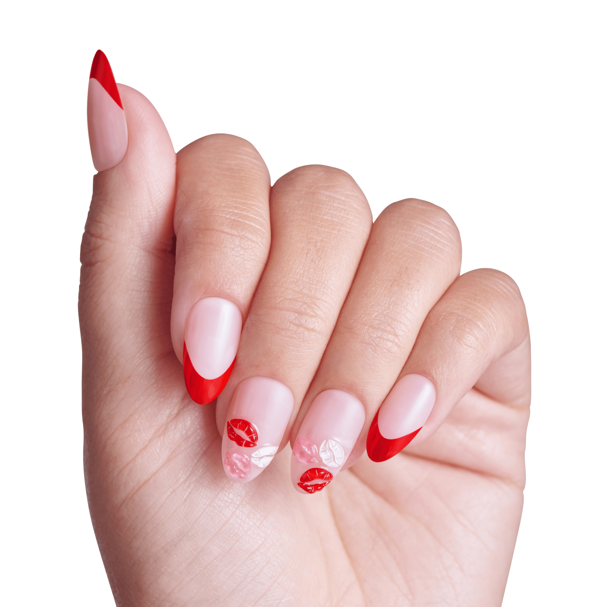 Impress Design No Glue Fake Press On Nails - Lover | 3D & Jewel French Design, Red, Medium, Almond, Manicure