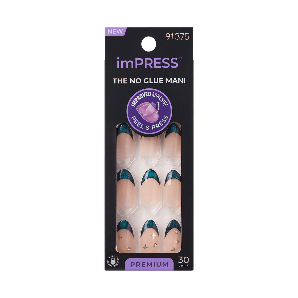 Impress Premium No Glue Fake Press On Nails - Visions | 3D & Jewel French, Metallic Green, Medium, Almond, Manicure
