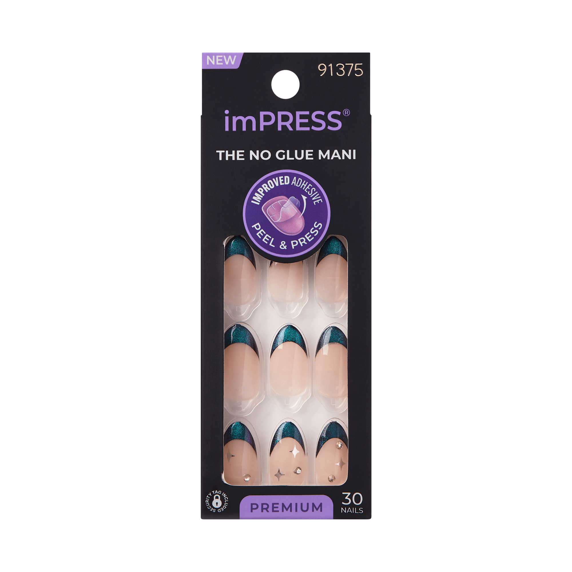 Impress Premium No Glue Fake Press On Nails - Visions | 3D & Jewel French, Metallic Green, Medium, Almond, Manicure