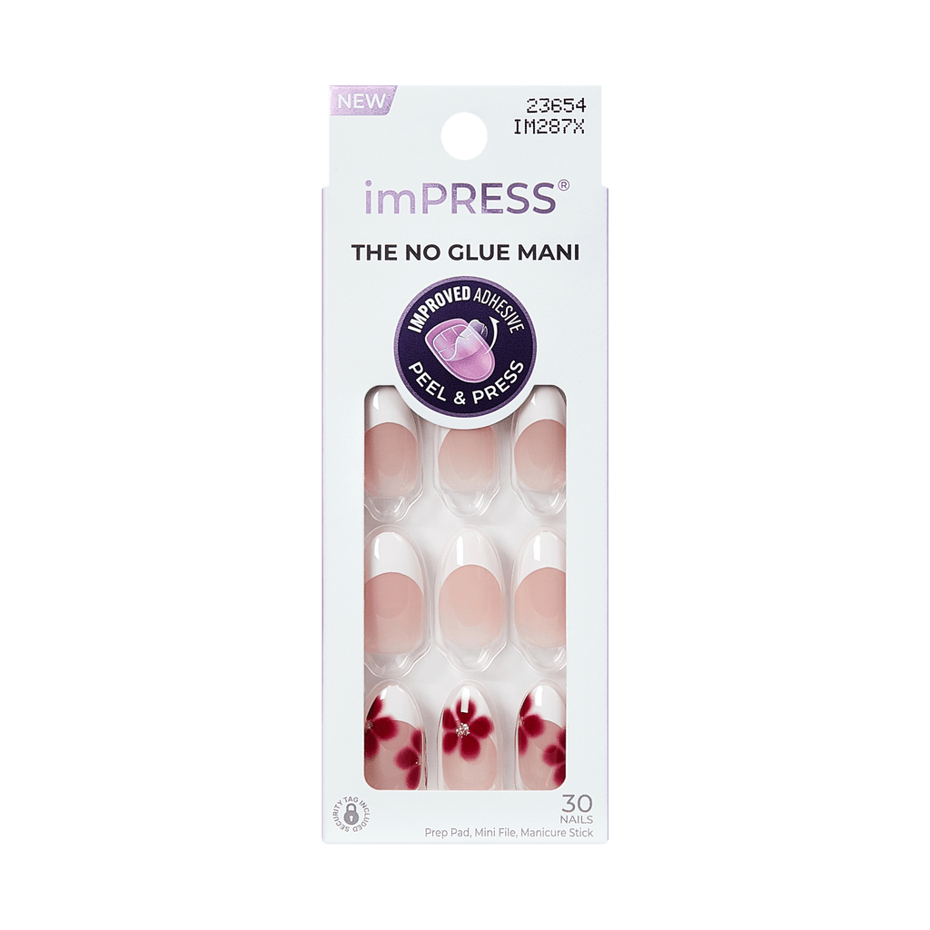 Impress Design No Glue Fake Press On Nails - Hampton | French Design, White & Red, Medium, Almond, Manicure