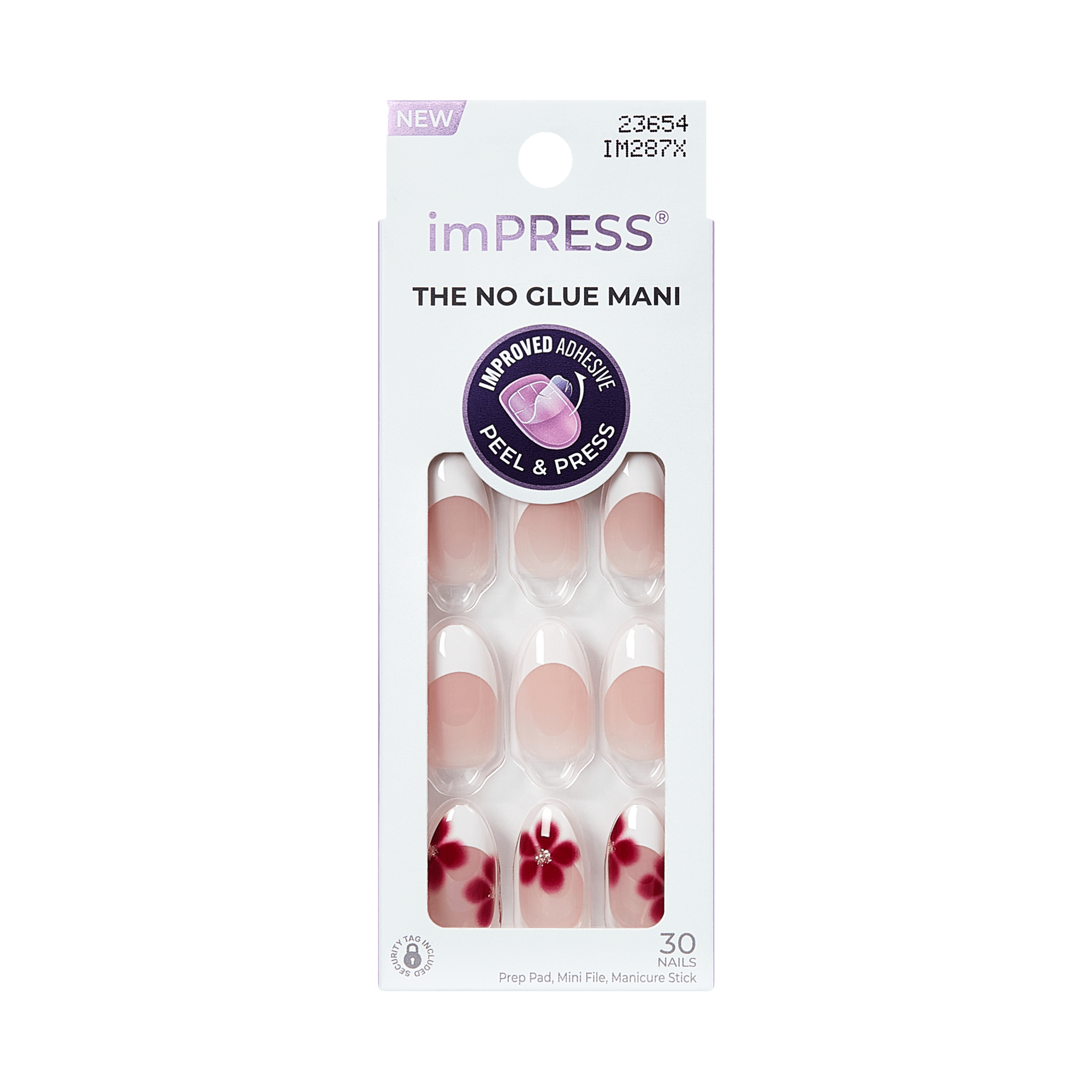 Impress Design No Glue Fake Press On Nails - Hampton | French Design, White & Red, Medium, Almond, Manicure