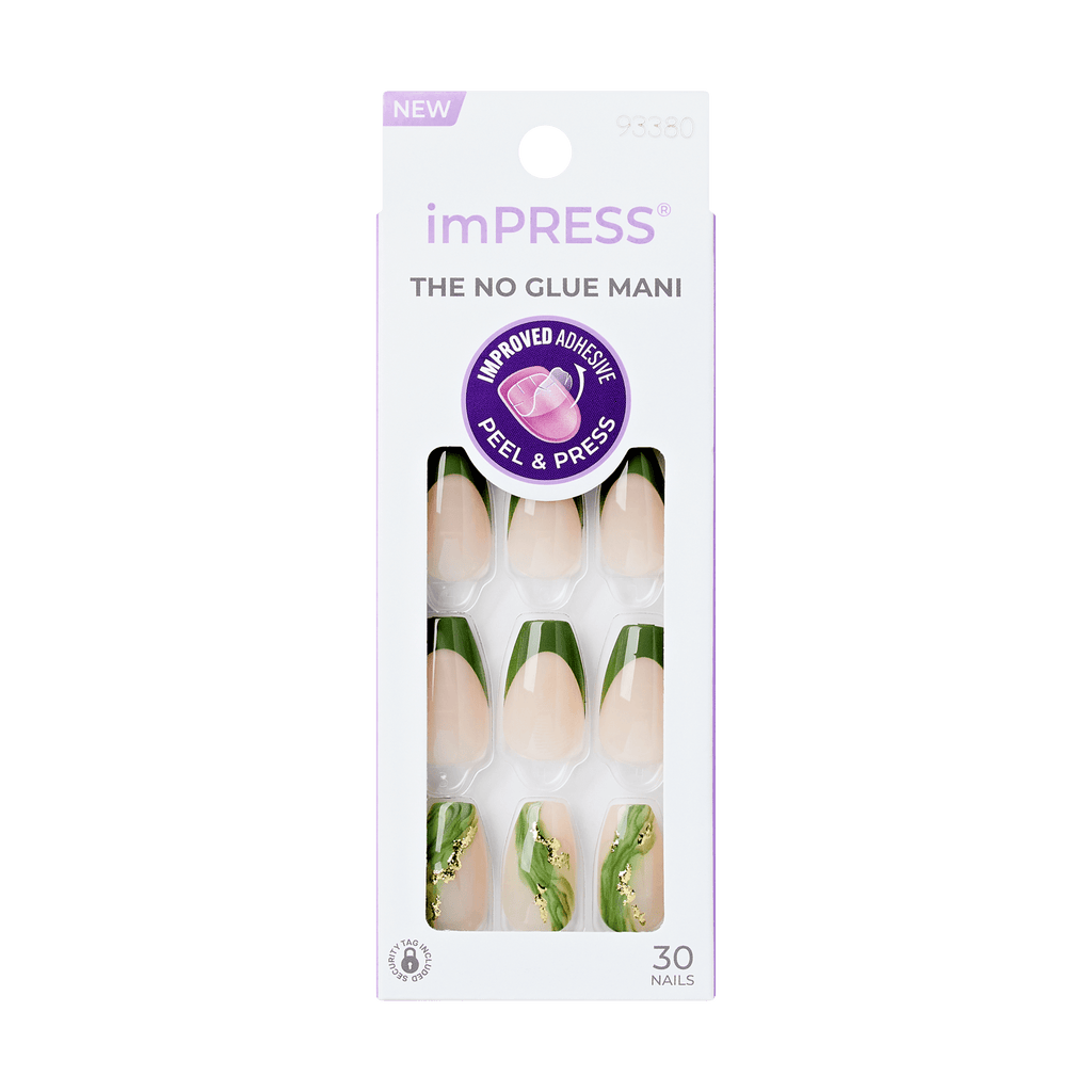 Impress Design No Glue Fake Press On Nails - Ballerina | French Design, Green, Medium, Coffin, Manicure