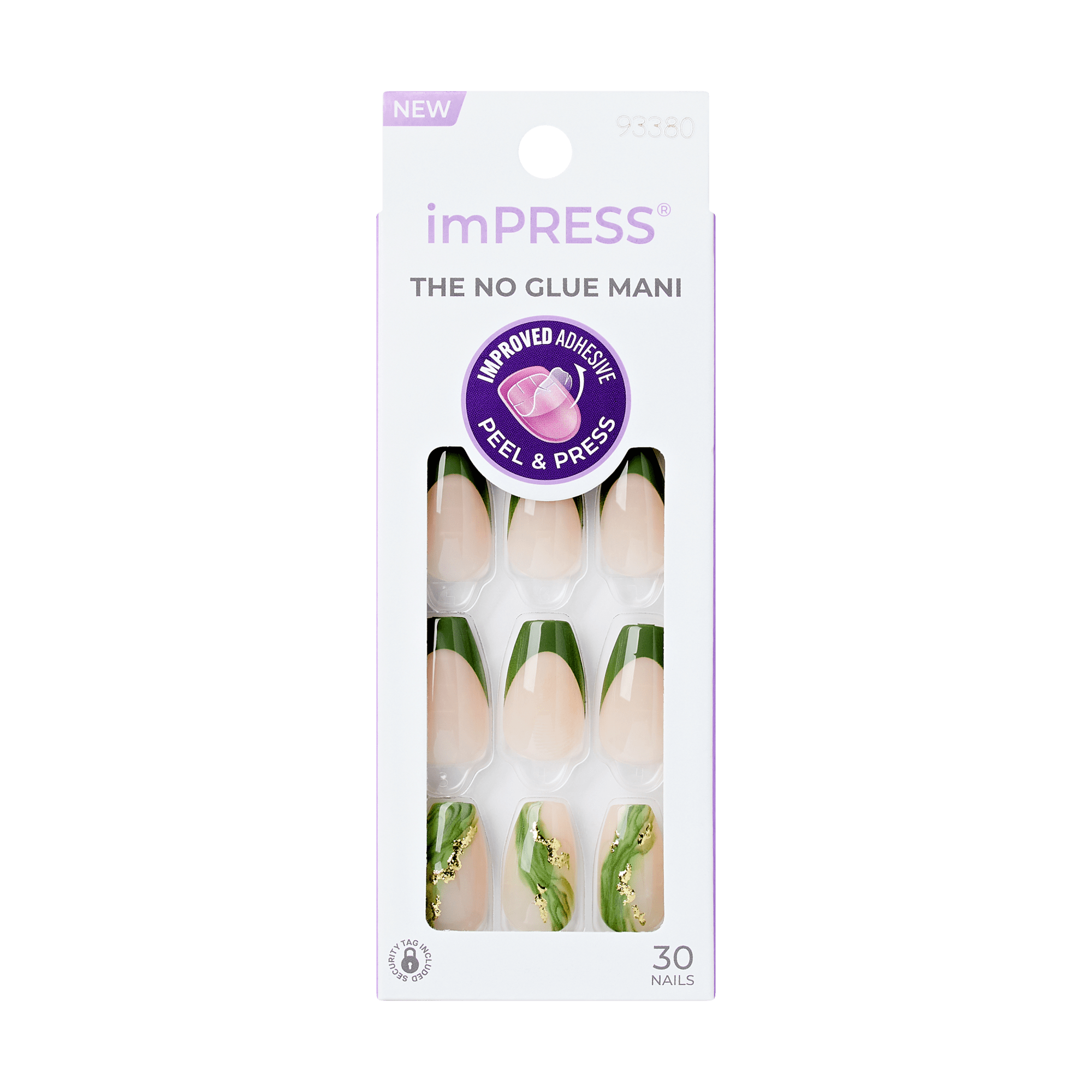 Impress Design No Glue Fake Press On Nails - Ballerina | French Design, Green, Medium, Coffin, Manicure
