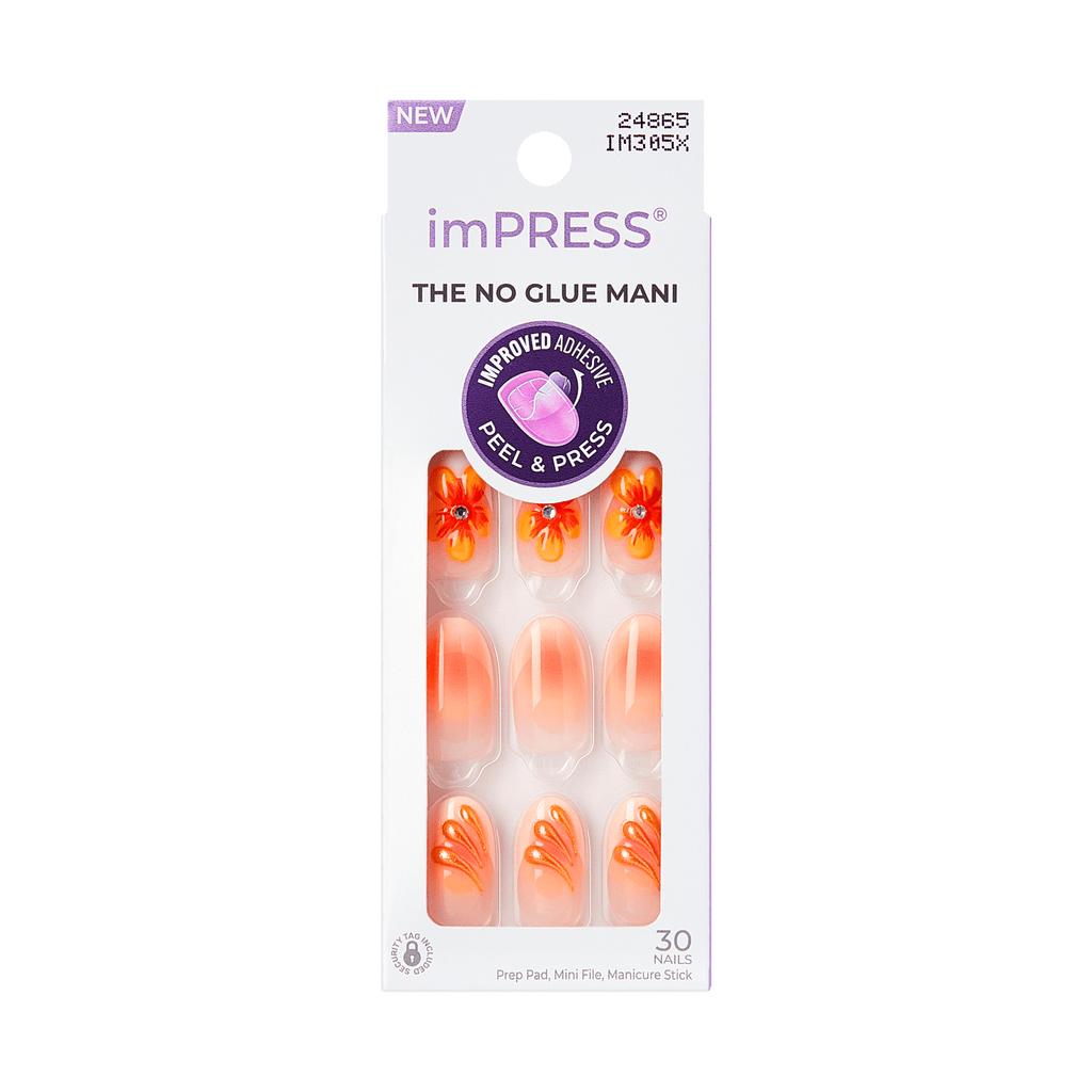 Impress Design No Glue Fake Press On Nails - Sea Bloom | 3D & Jewel Design, Orange, Medium, Oval, Manicure