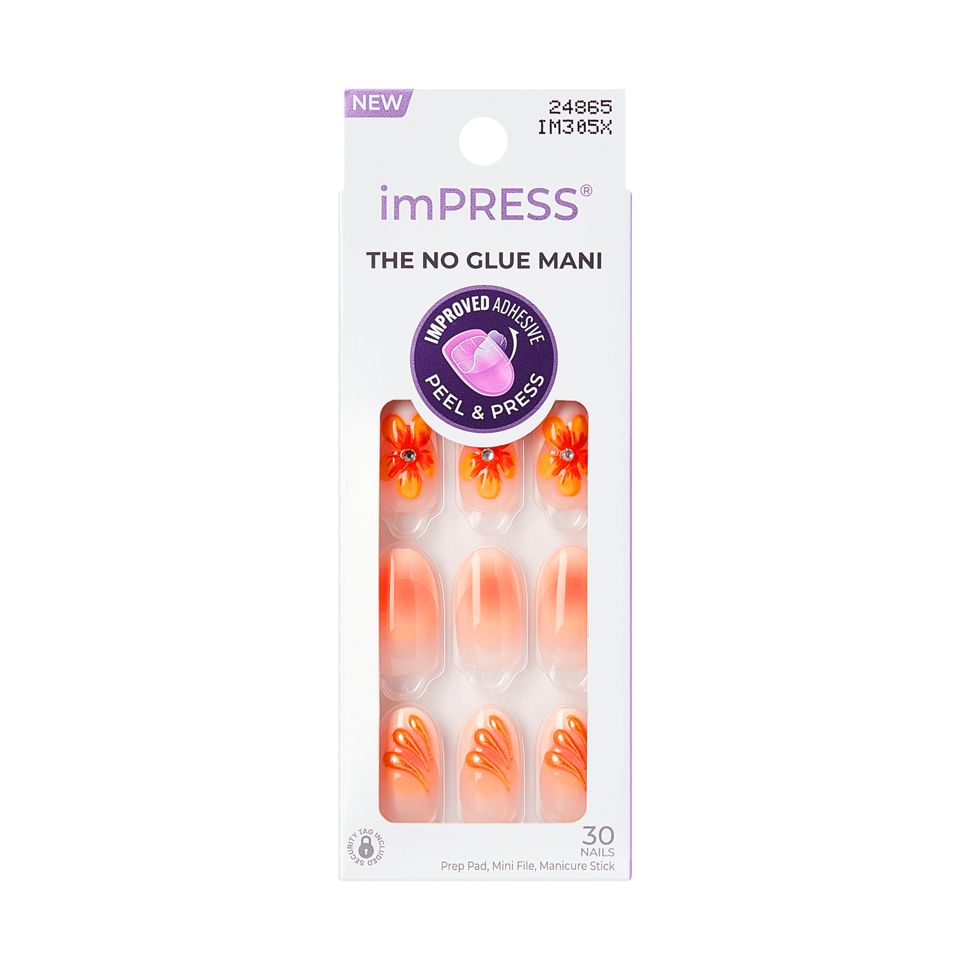 Impress Design No Glue Fake Press On Nails - Sea Bloom | 3D & Jewel Design, Orange, Medium, Oval, Manicure