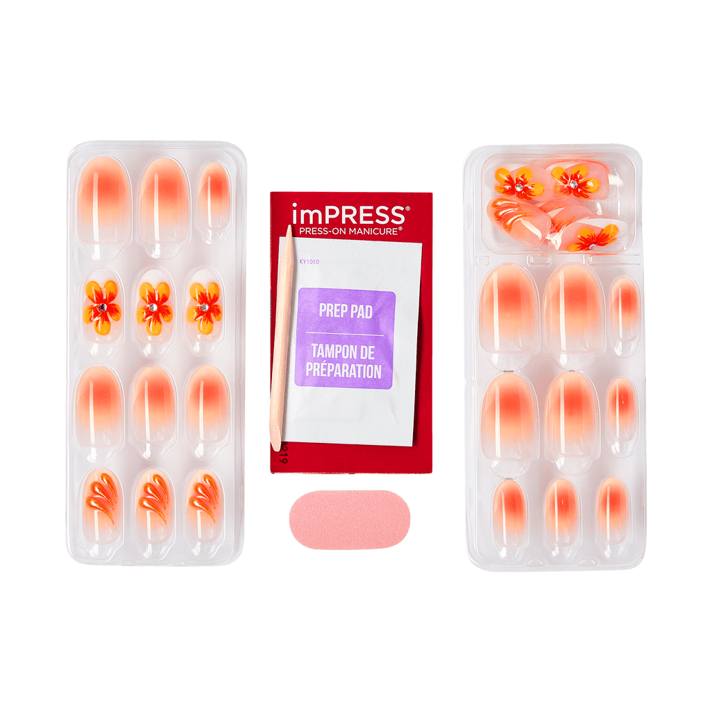 Impress Design No Glue Fake Press On Nails - Sea Bloom | 3D & Jewel Design, Orange, Medium, Oval, Manicure