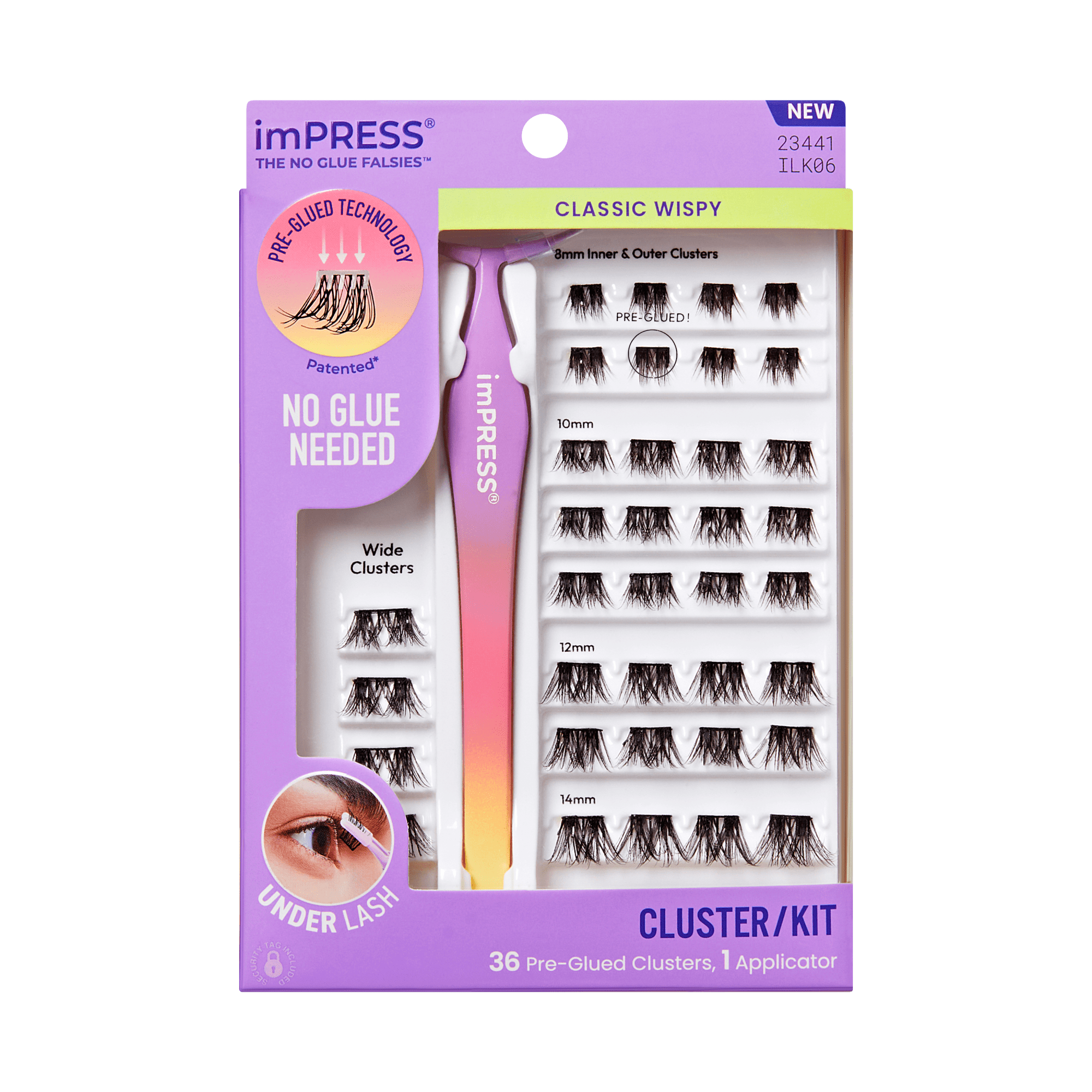 Impress Falsies Pre-Glued False Eyelashes Starter Kit - Classic Wispy | 36 Lash Clusters, With Applicator, 8mm-14mm