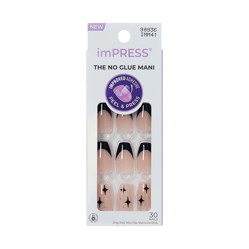 Impress Design No Glue Fake Press On Nails - For the Night | French Design, Black, Medium, Coffin, Manicure