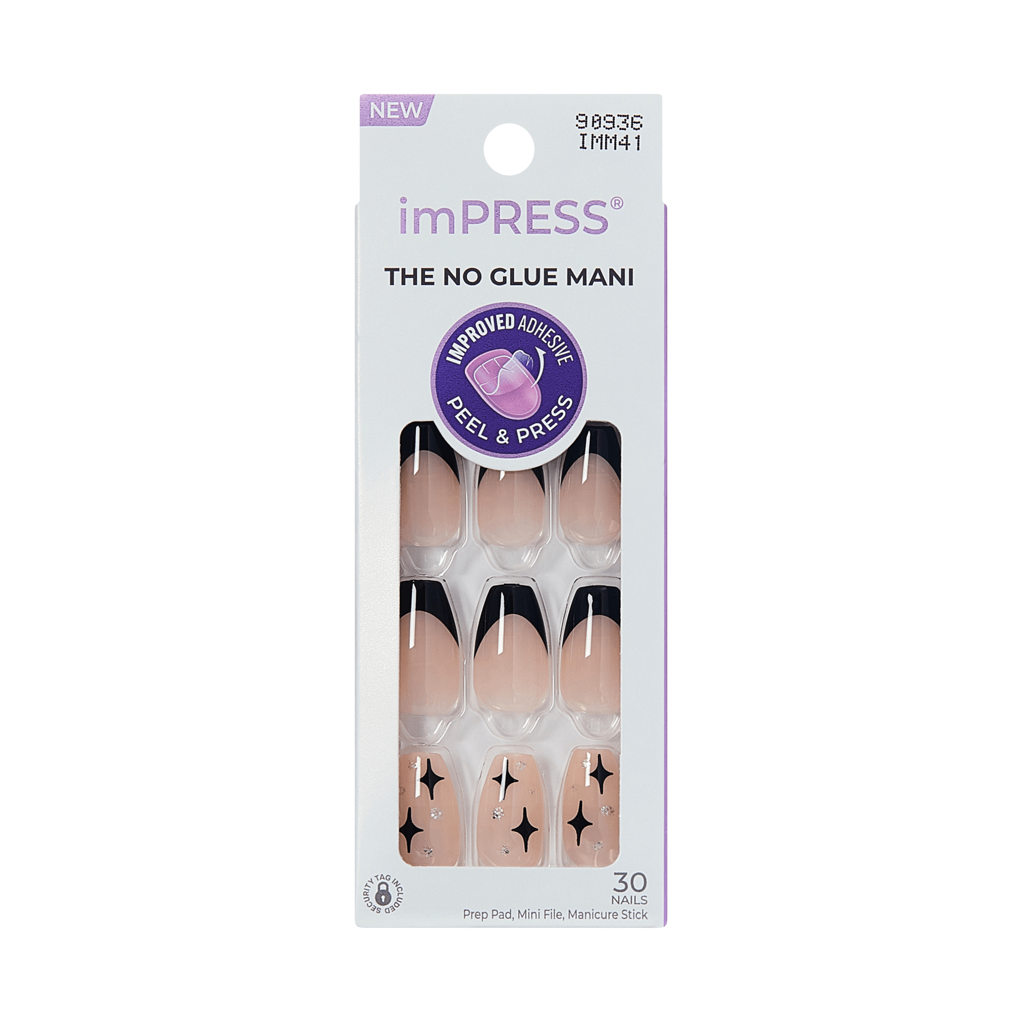 Impress Design No Glue Fake Press On Nails - For the Night | French Design, Black, Medium, Coffin, Manicure