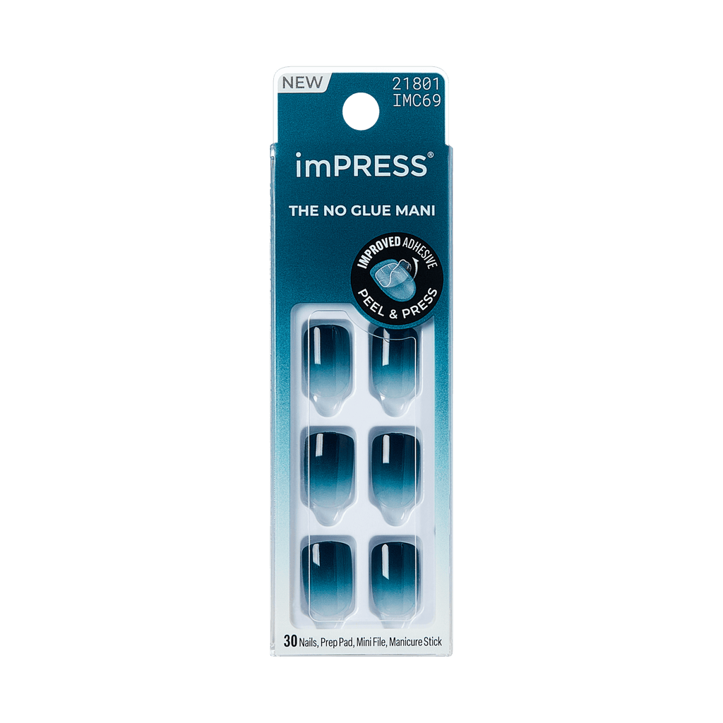 Impress Color No Glue Fake Press On Nails - Velvet Breeze | Design, Blue, Short, Squoval, Manicure