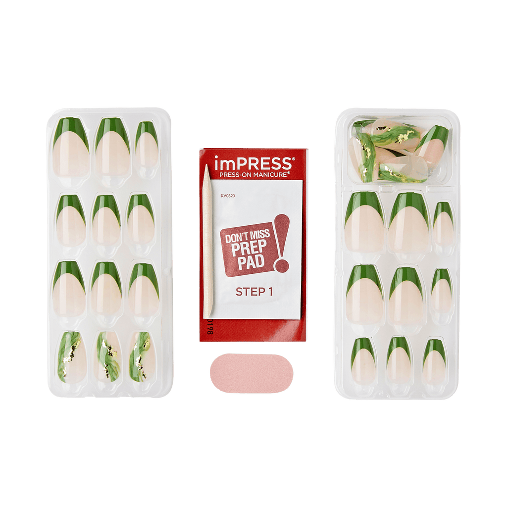Impress Design No Glue Fake Press On Nails - Ballerina | French Design, Green, Medium, Coffin, Manicure