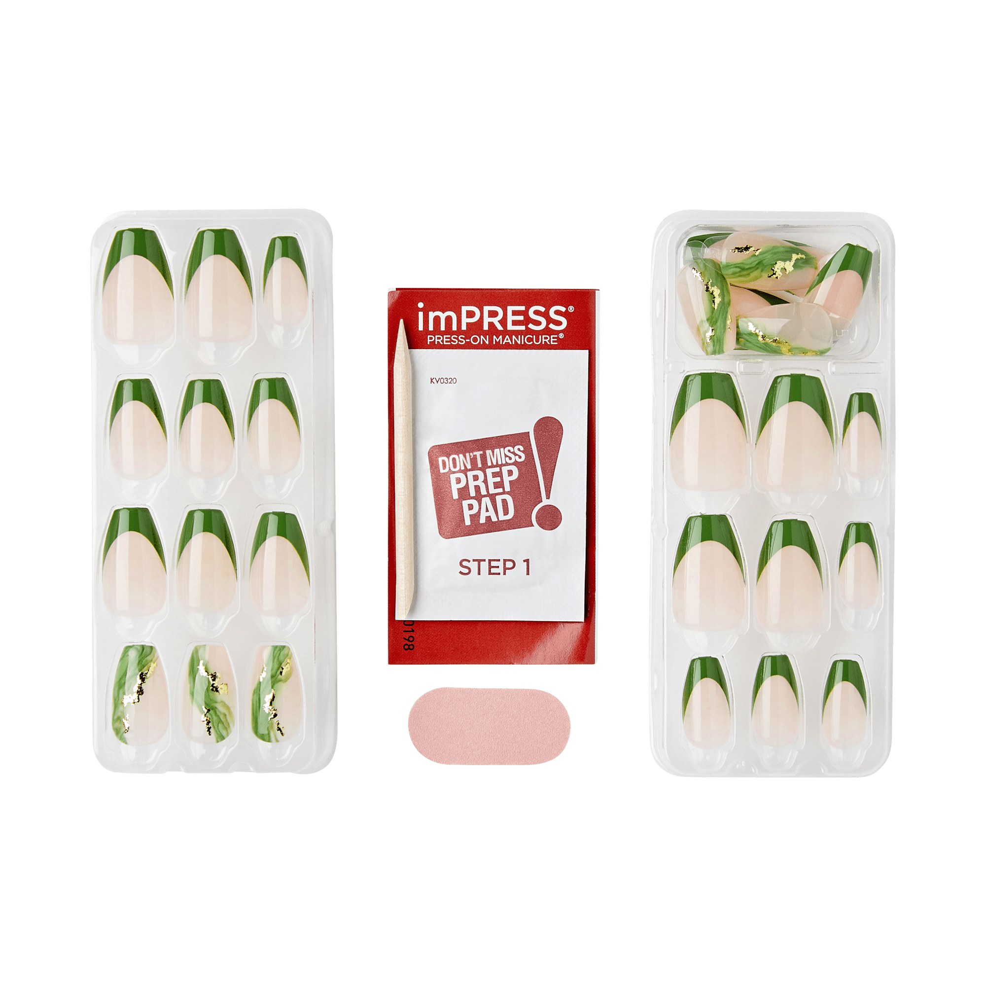 Impress Design No Glue Fake Press On Nails - Ballerina | French Design, Green, Medium, Coffin, Manicure