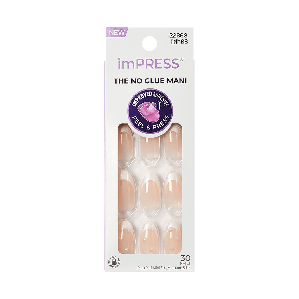 Impress Design No Glue Fake Press On Nails - Chills | 3D & Jewel French, White, Medium, Almond, Manicure