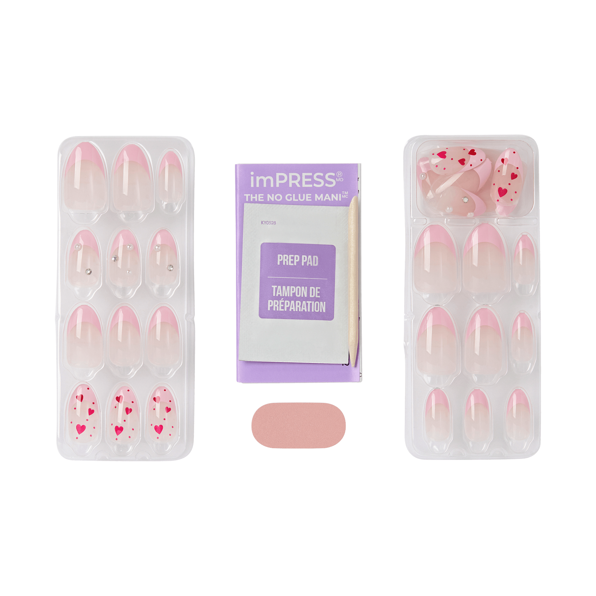 Impress Design No Glue Fake Press On Nails - Still The One | 3D & Jewel French Design, Pink, Medium, Almond, Manicure