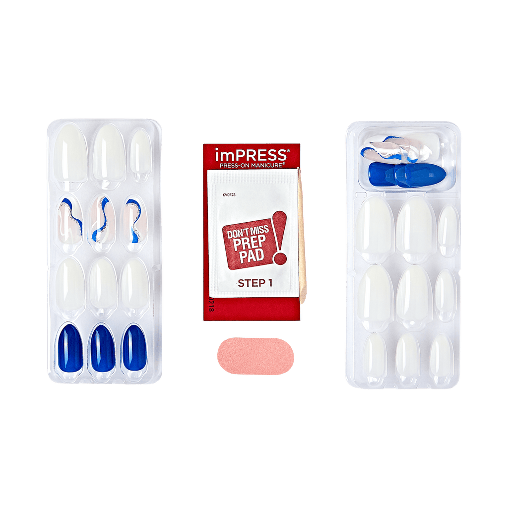 Impress Design No Glue Fake Press On Nails - Free Soul | Design, Blue & White, Medium, Almond, Manicure