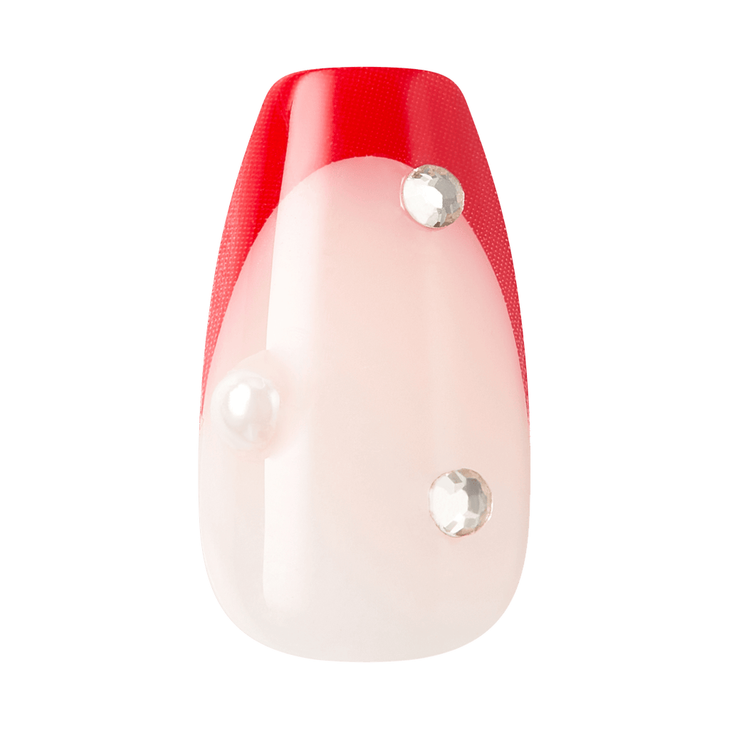 Impress Design No Glue Fake Press On Nails - Happy World | 3D & Jewel French, Red, Medium, Coffin, Manicure