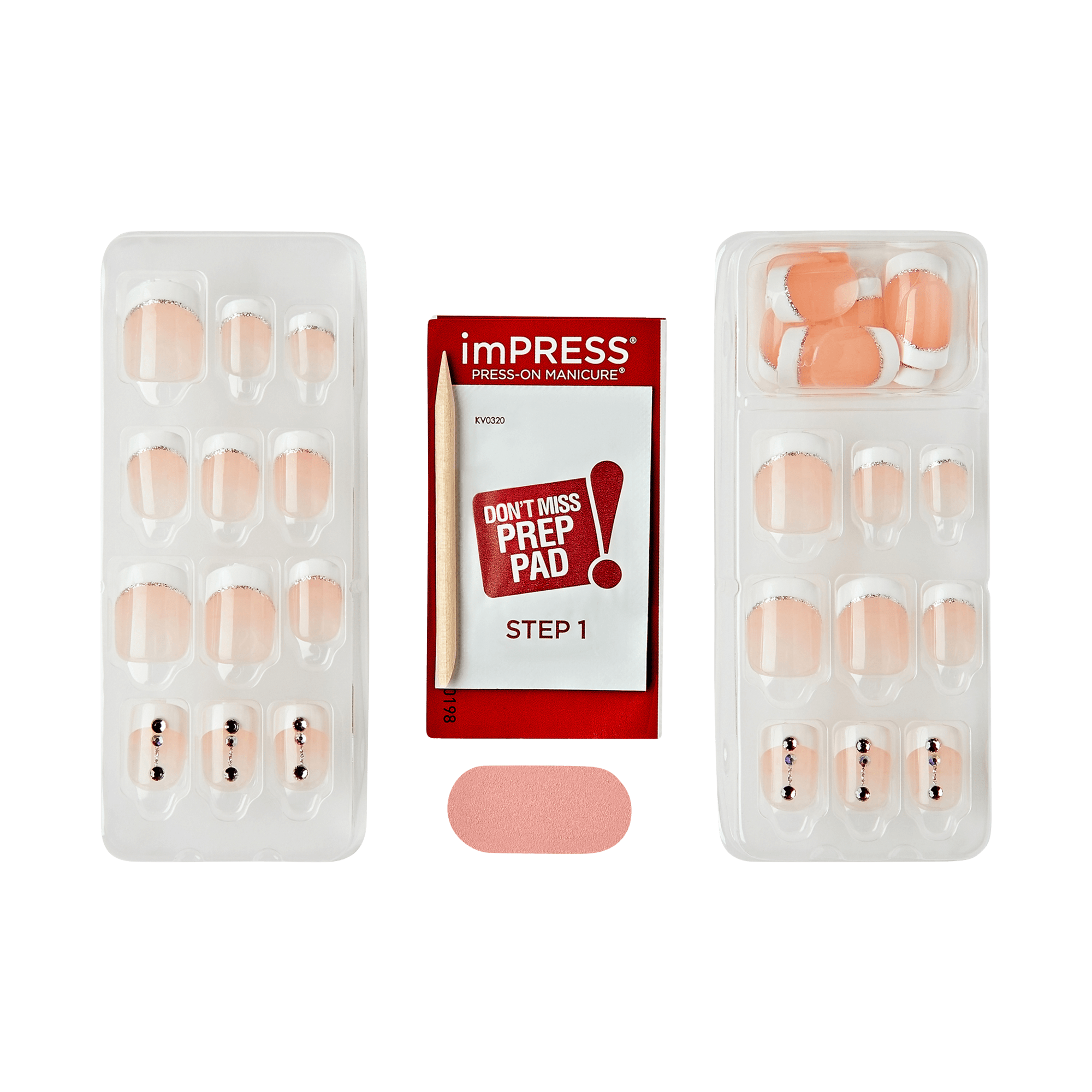 Impress Design No Glue Fake Press On Nails - Falling | 3D & Jewel French, White, Short, Squoval, Manicure