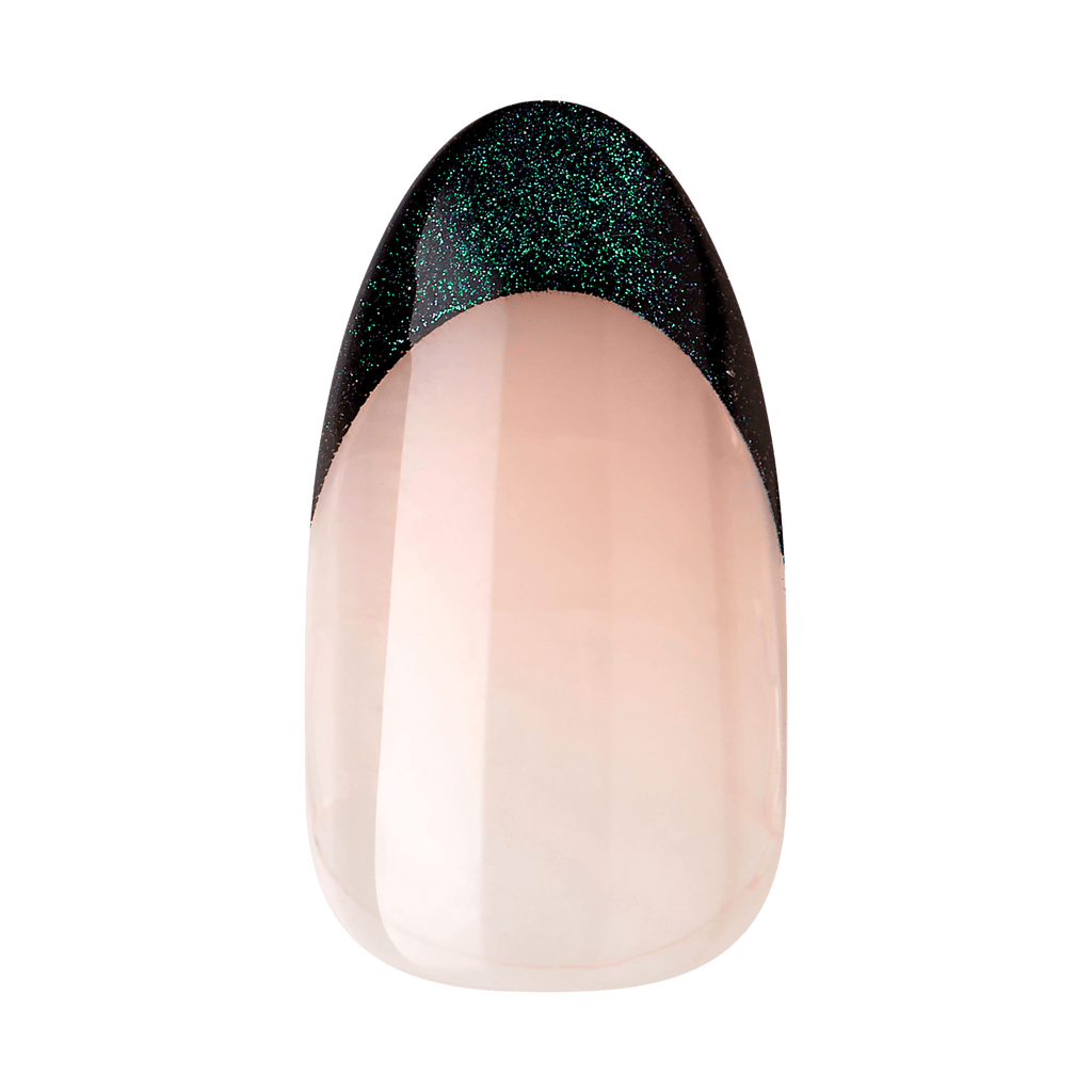 Impress Premium No Glue Fake Press On Nails - Visions | 3D & Jewel French, Metallic Green, Medium, Almond, Manicure