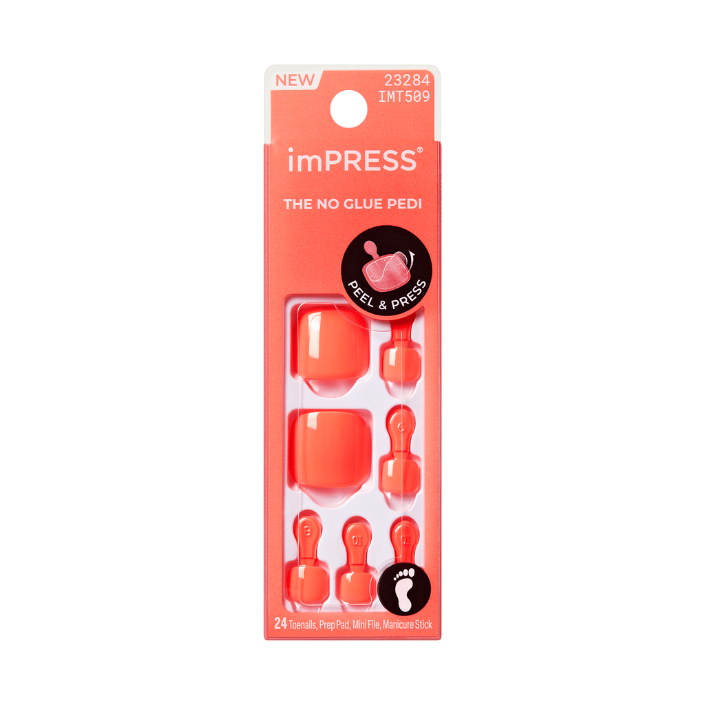 Impress Color No Glue Fake Press On Toenails - Pure Mood | Solid, Orange, Short, Squoval, Pedicure