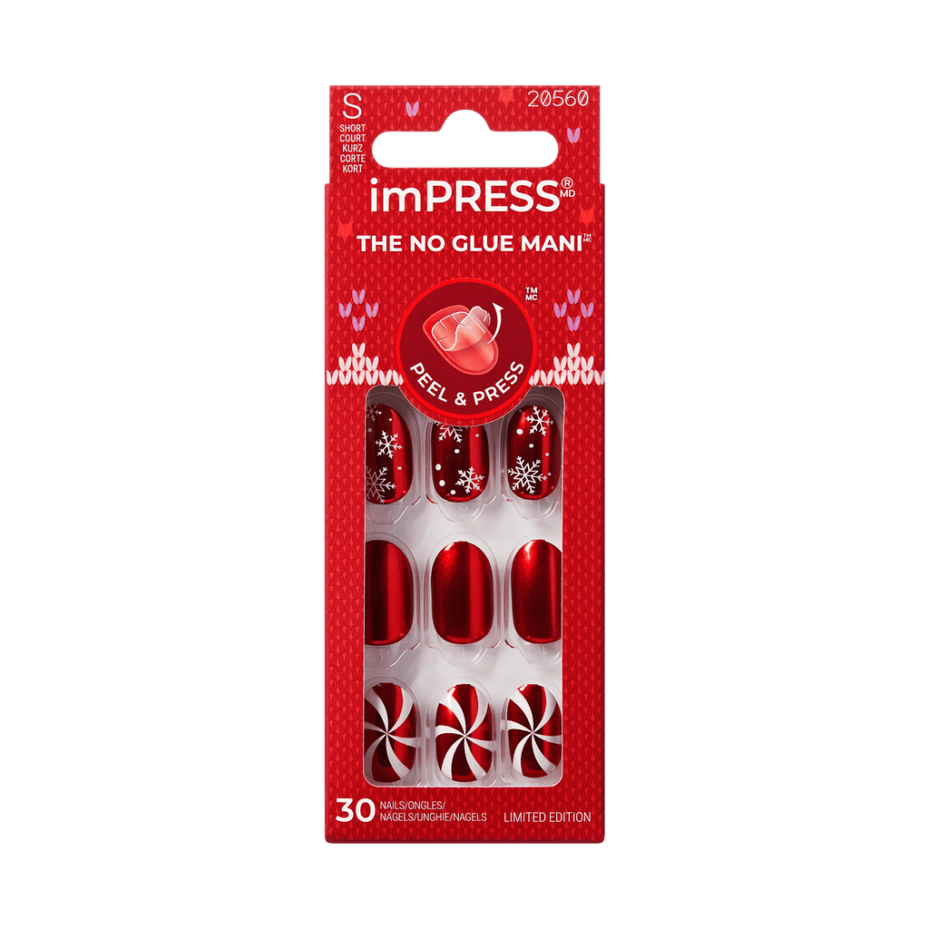 Impress Holiday Design No Glue Fake Press On Nails - Merry n Bright | Design, Red, Short, Oval, Manicure