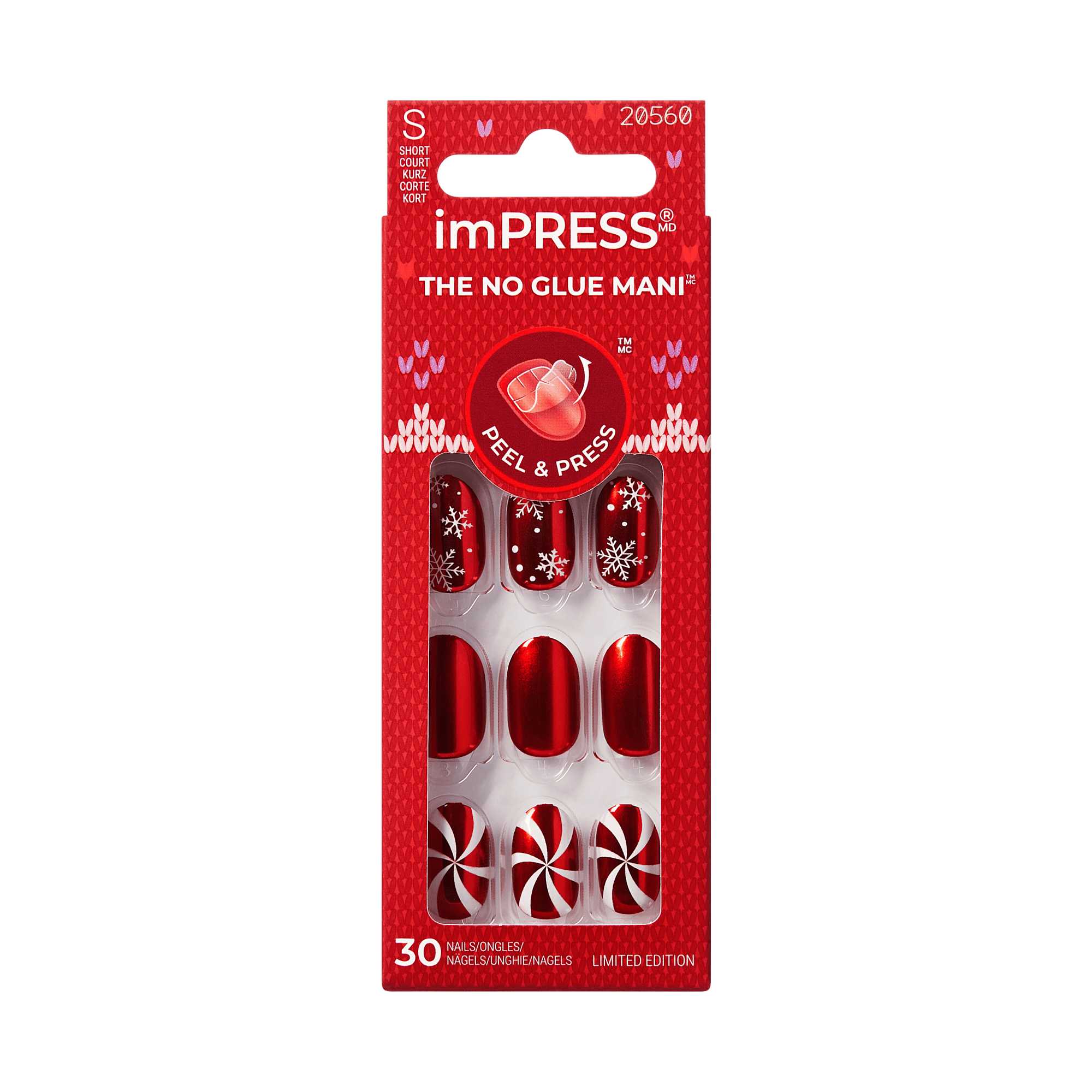 Impress Holiday Design No Glue Fake Press On Nails - Merry n Bright | Design, Red, Short, Oval, Manicure