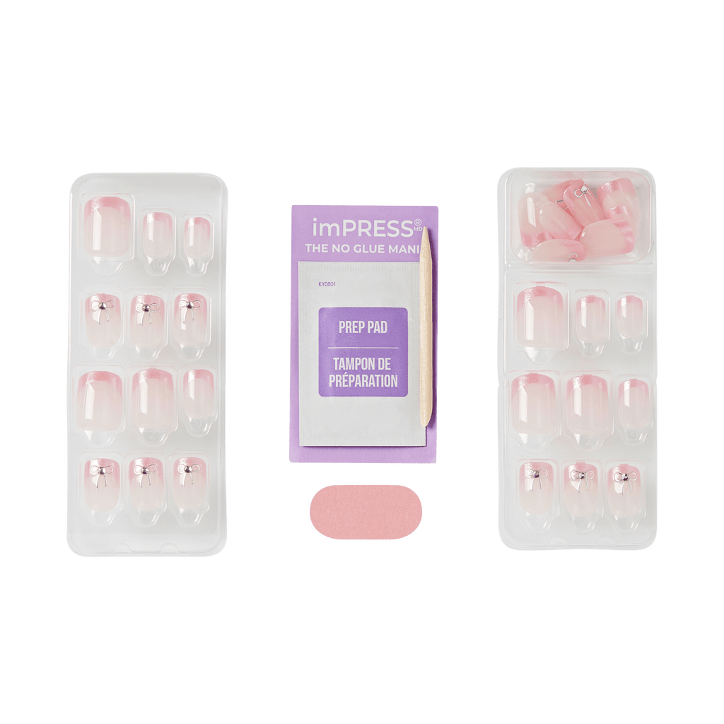Impress Design No Glue Fake Press On Nails - Soft Petals | 3D & Jewel French Design, Pink, Short, Squoval, Manicure