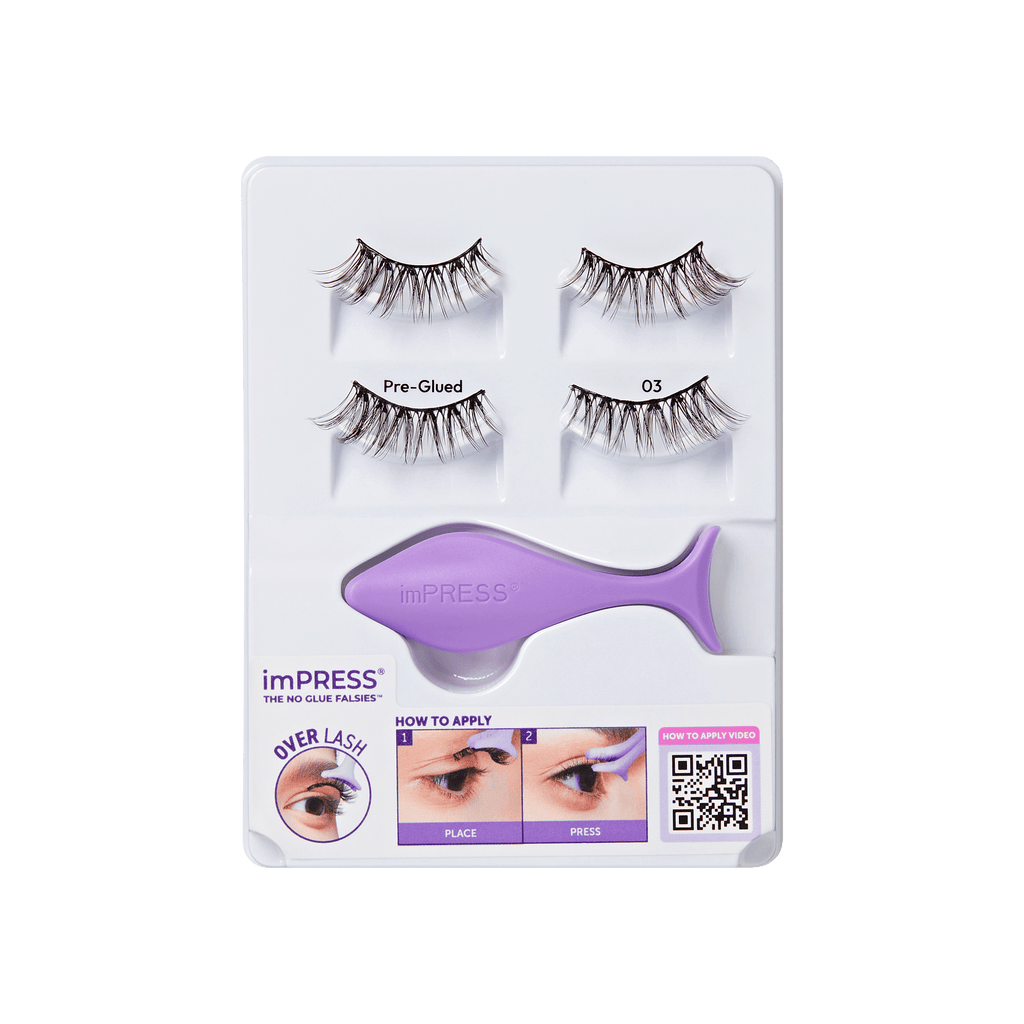Impress Falsies Pre-Glued Strip False Eyelashes Starter Kit - Classic Wispy | 2 Pairs, With Applicator, 16mm