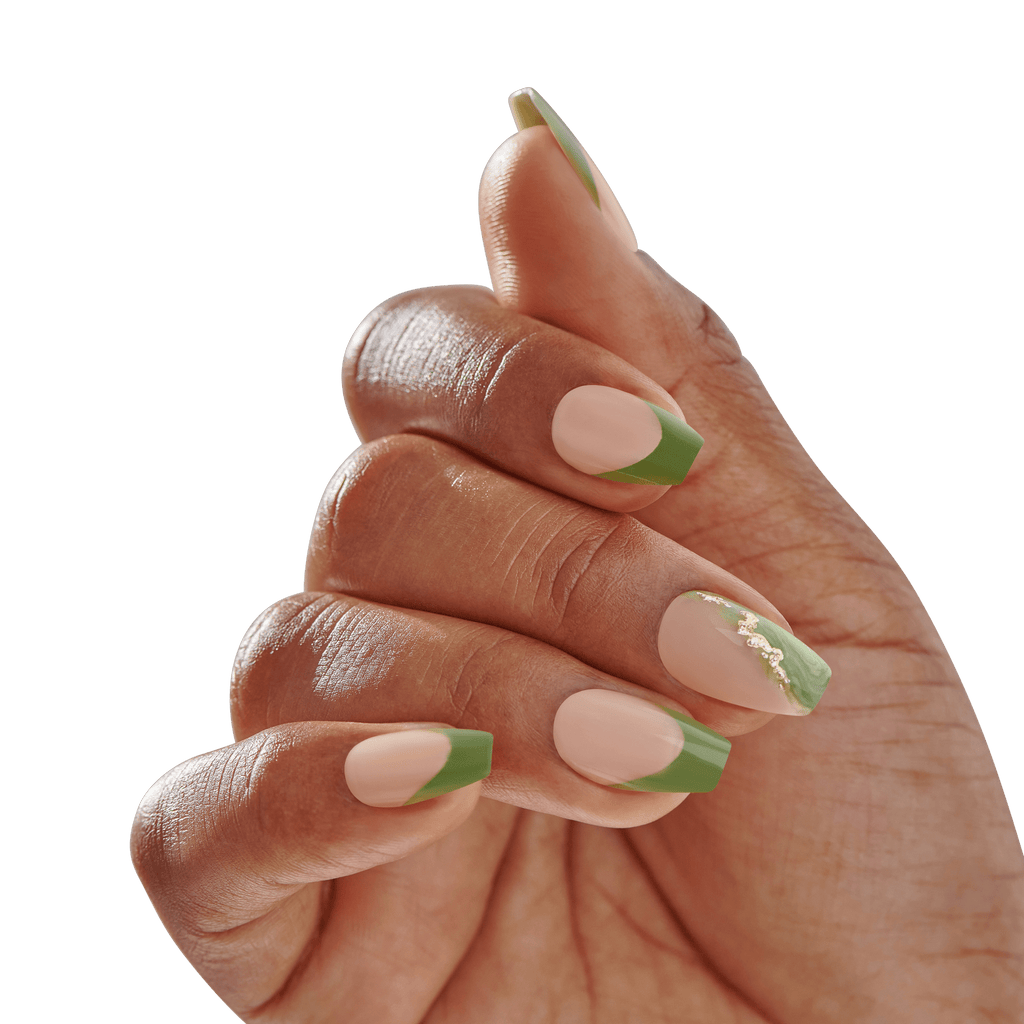 Impress Design No Glue Fake Press On Nails - Ballerina | French Design, Green, Medium, Coffin, Manicure