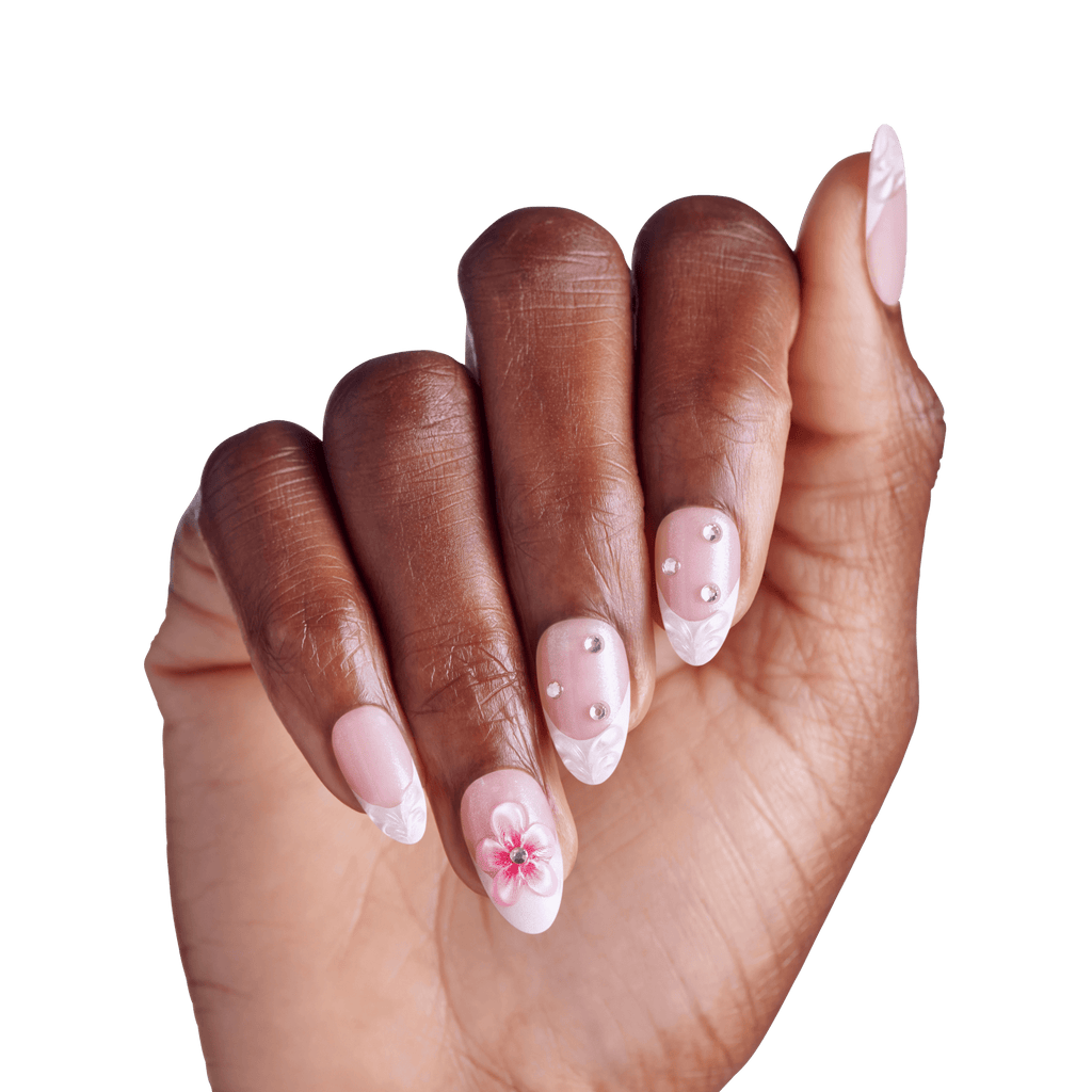 Impress Premium No Glue Fake Press On Nails - Couture-geous | 3D & Jewel French, Pink, Medium, Almond, Manicure
