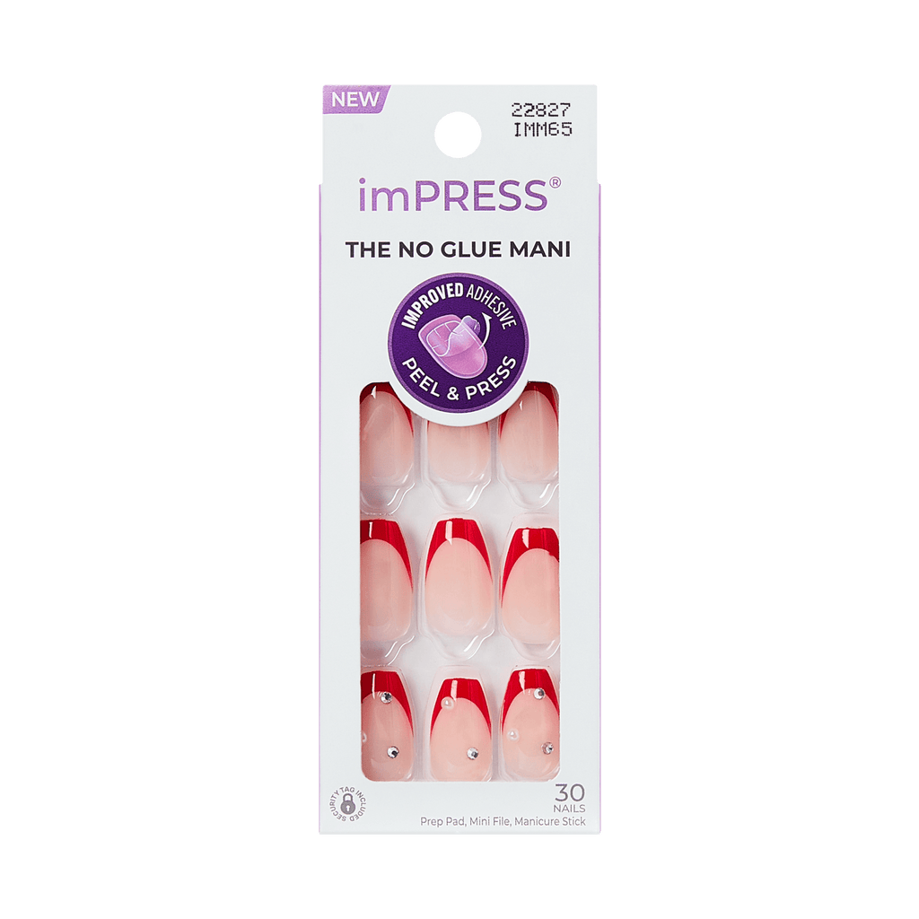Impress Design No Glue Fake Press On Nails - Happy World | 3D & Jewel French, Red, Medium, Coffin, Manicure