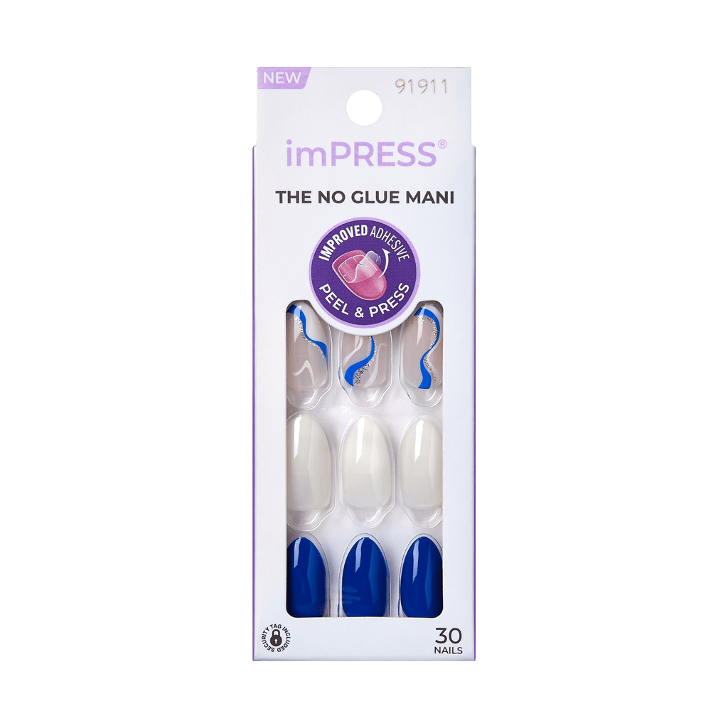 Impress Design No Glue Fake Press On Nails - Free Soul | Design, Blue & White, Medium, Almond, Manicure